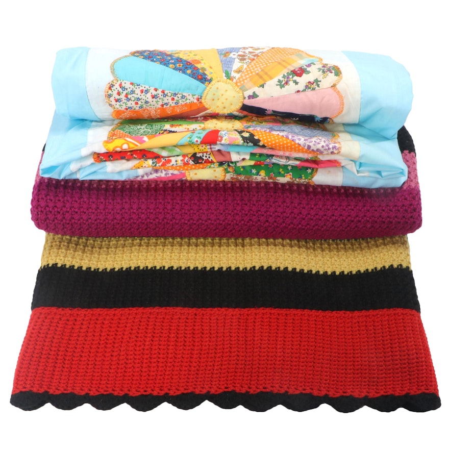 Hand-Appliquéd Cotton Unfinished Quilt and Crocheted Throw Blanket