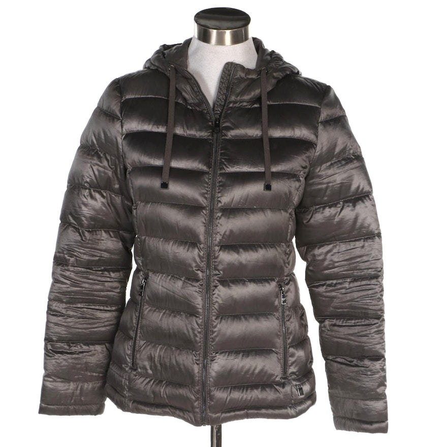 Andrew Marc Packable Metallic Puffer Hooded Jacket in Lightweight Premium Down