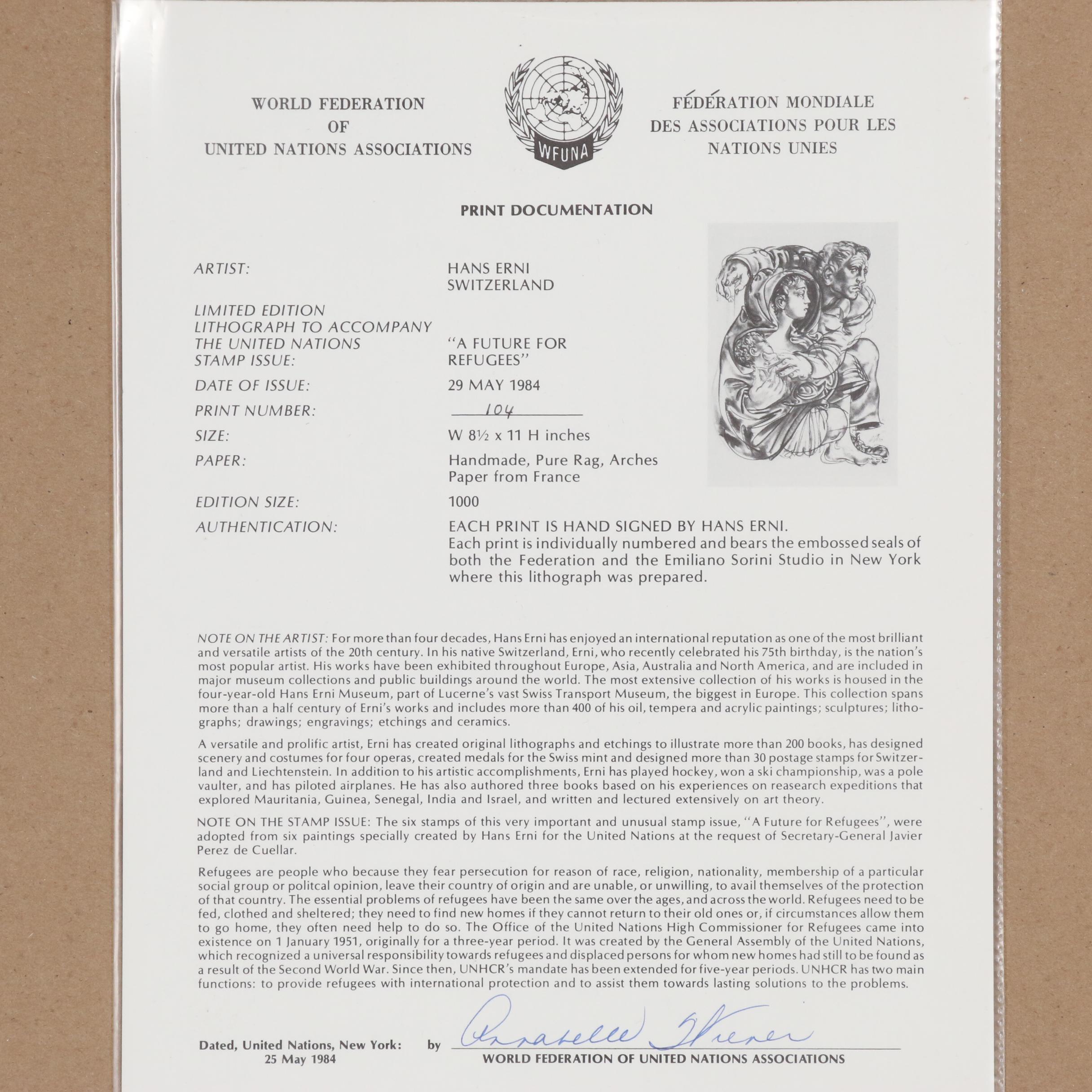 Hans Erni Lithograph "A Future for Refugees", 1984