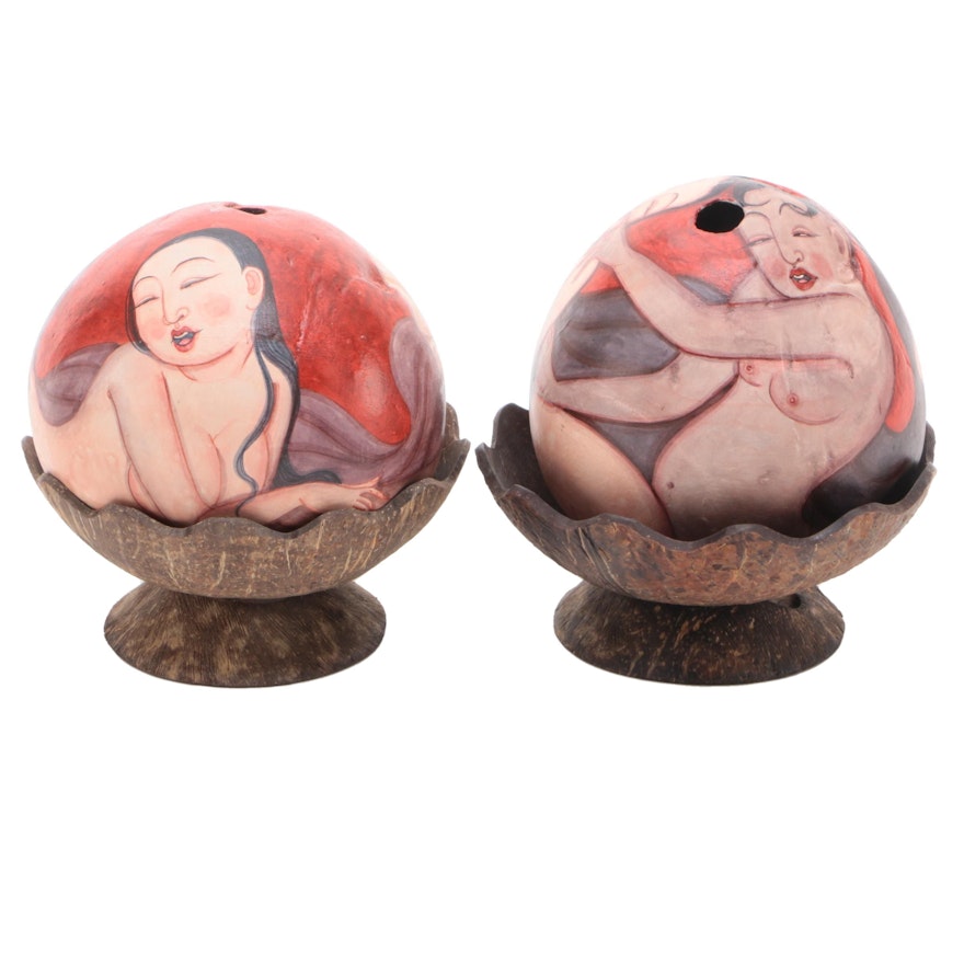 Indonesian Hand-Painted Erotica Gourds with Coconut Shell Bases, Mid 20th C.