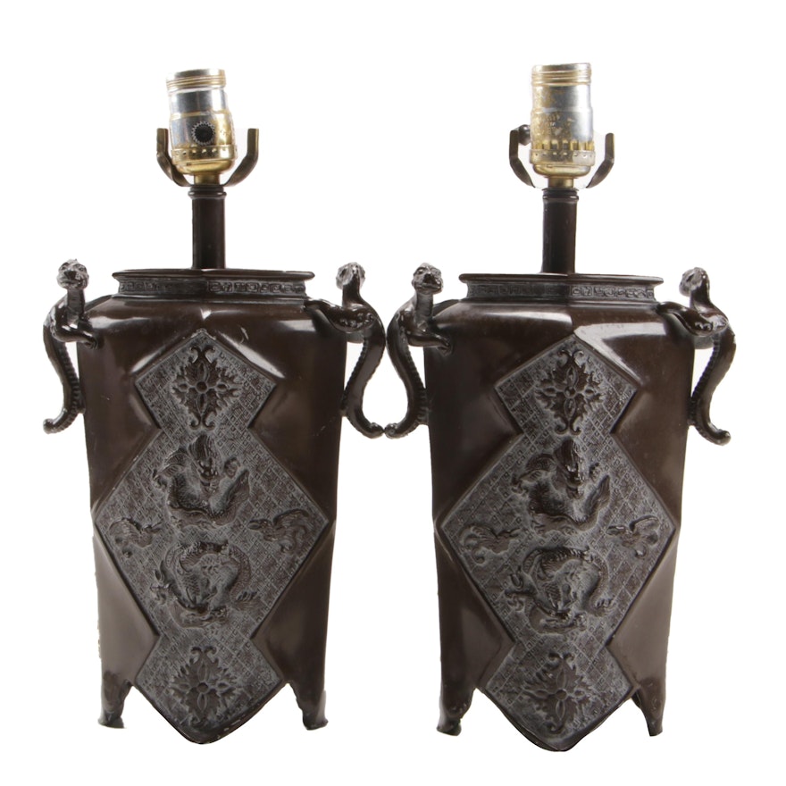 Pair of East Asian Archaistic Style Bronze Finish Table Lamps