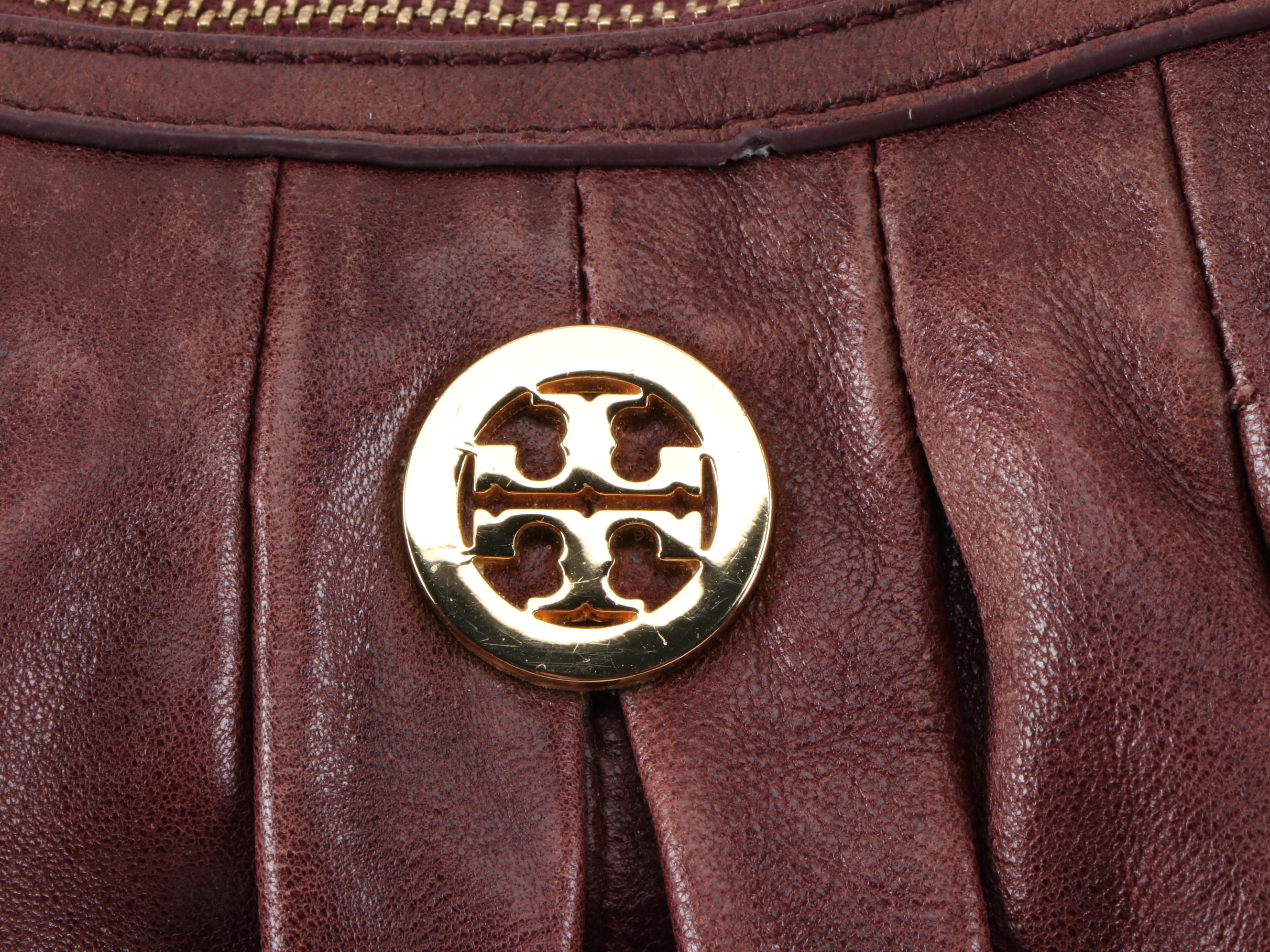 Tory Burch Burgundy Pleated Leather Hobo Bag with Detachable Strap