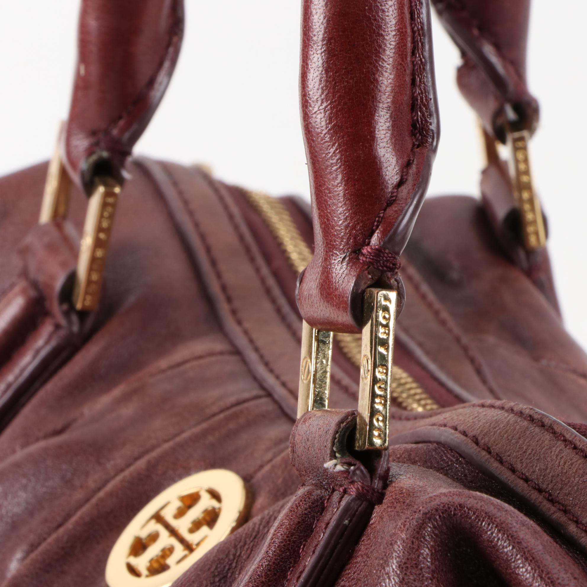 Tory Burch Burgundy Pleated Leather Hobo Bag with Detachable Strap
