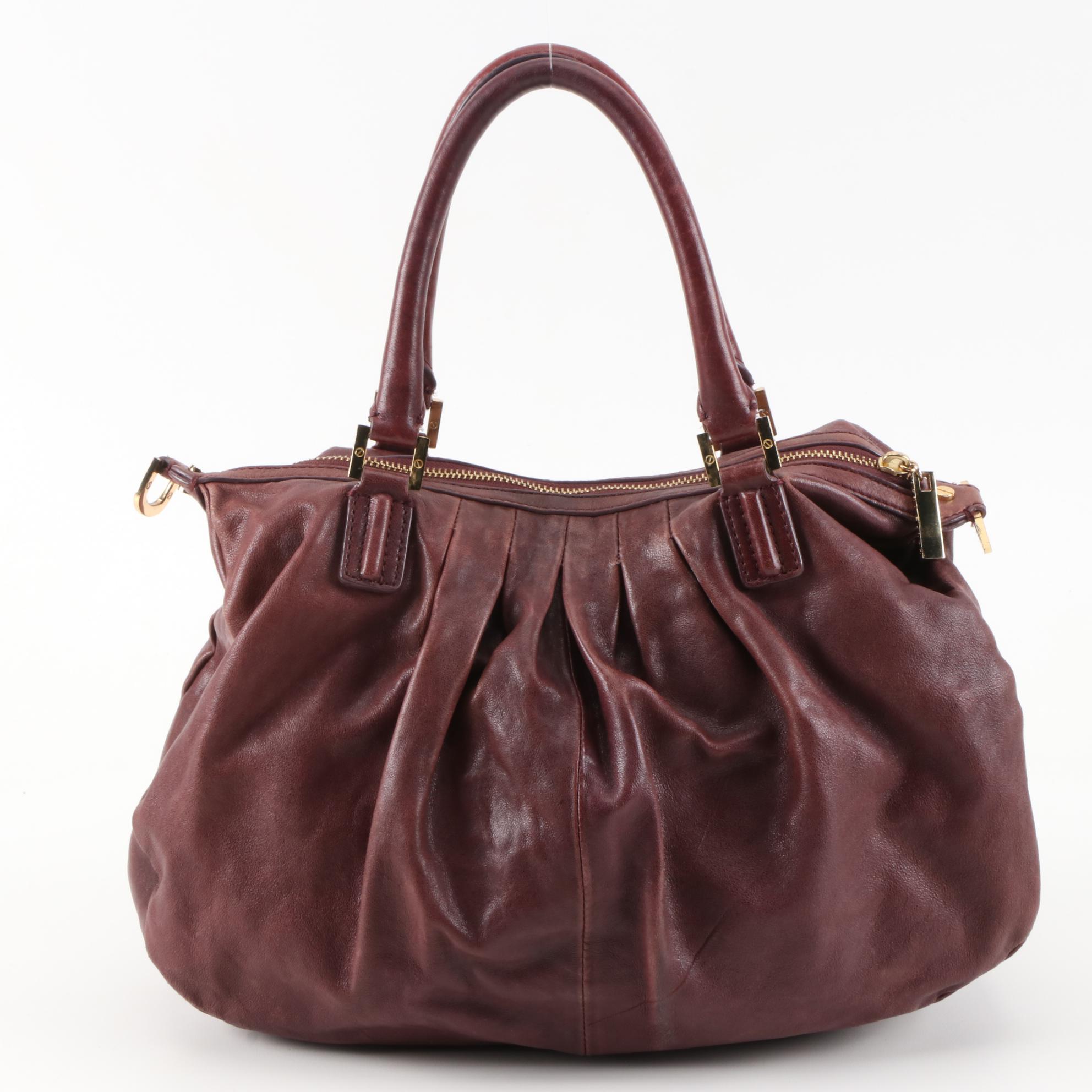 Tory Burch Burgundy Pleated Leather Hobo Bag with Detachable Strap