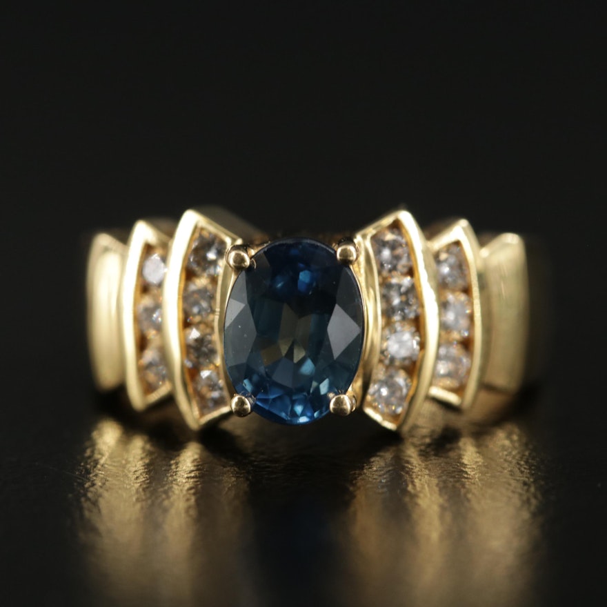 18K Gold 1.37 CT Sapphire and Diamond Stepped Shoulder Ring