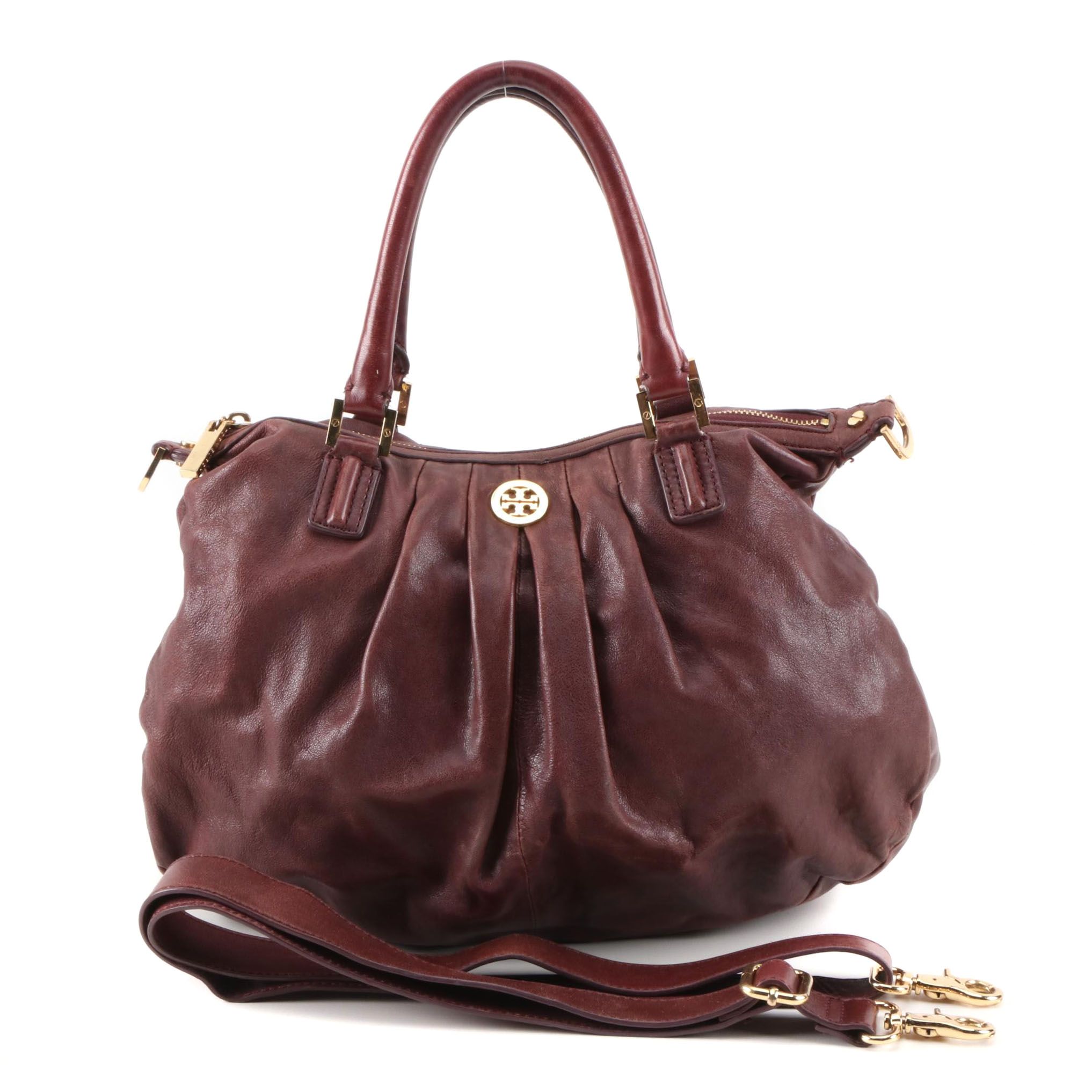 Tory Burch Burgundy Pleated Leather Hobo Bag with Detachable Strap
