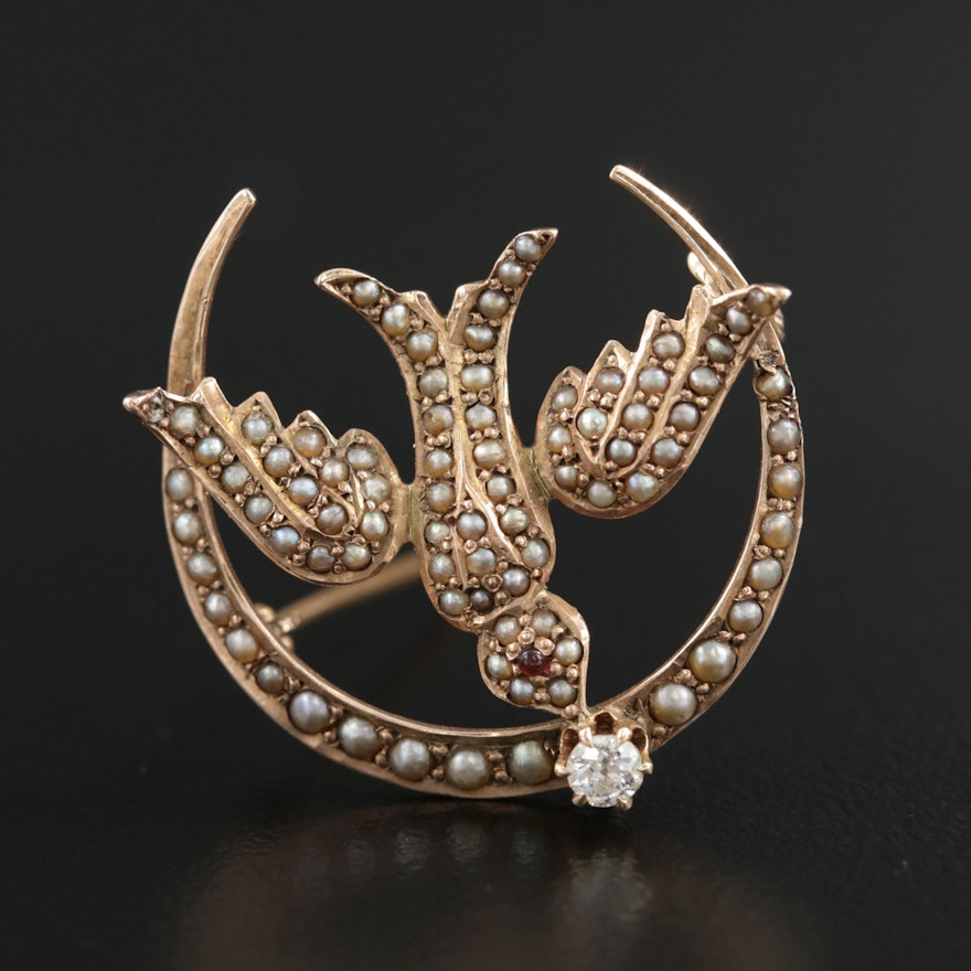Victorian 10K Diamond, Seed Pearl and Ruby Swallow and Crescent Moon Brooch