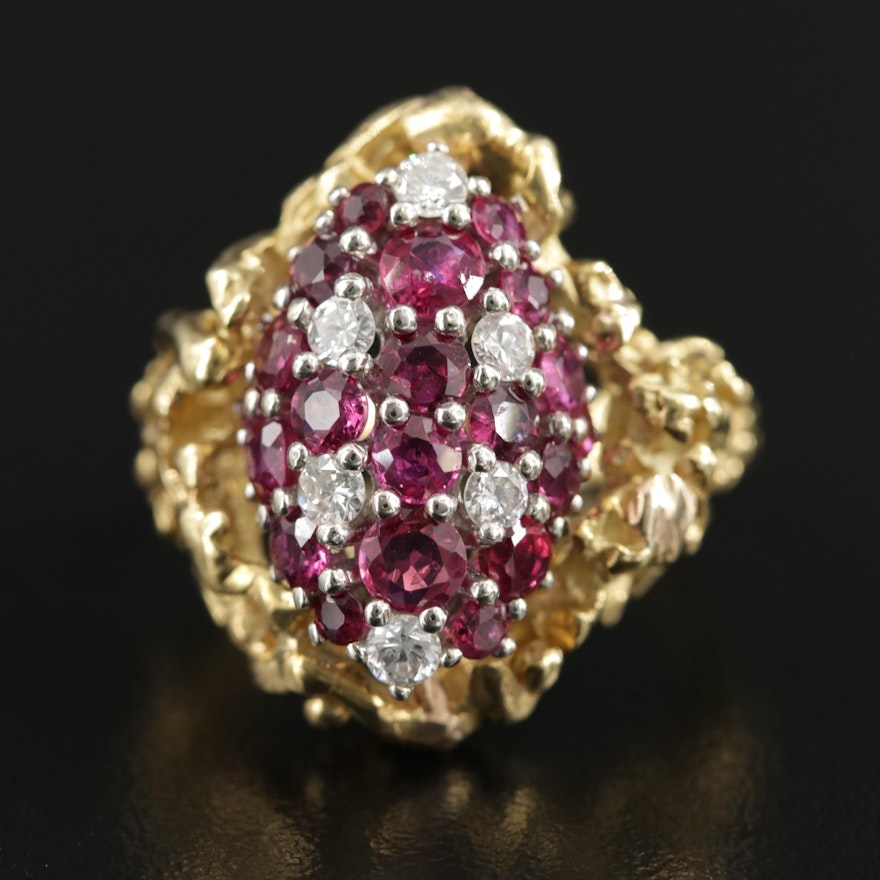 18K Gold Ruby and Diamond Cluster Ring