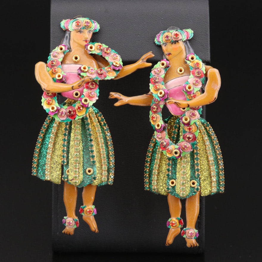 Lunch at the Ritz "Aloha Hawaii" Articulated Hula Dancer Clip Earrings