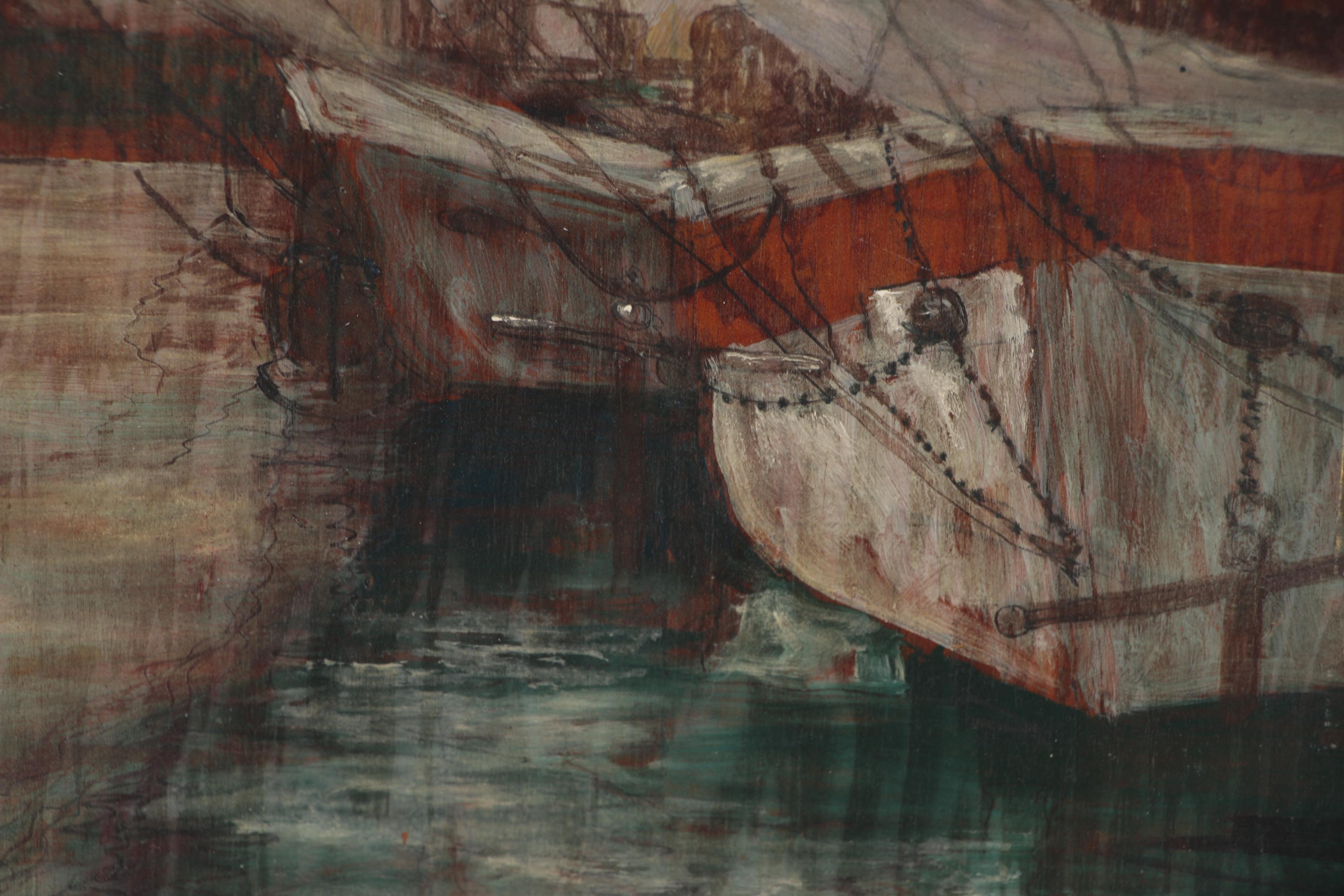 Harry Aiken Vincent Oil Painting of Harbor Scene, Early 20th Century