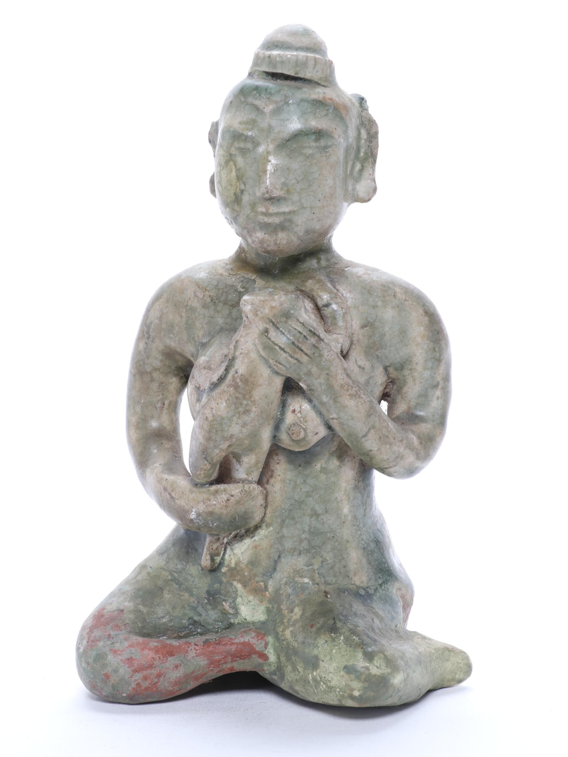 Thai Sawankhalok Ceramic Figure and Burmese Mandalay Style Marble Buddha Head
