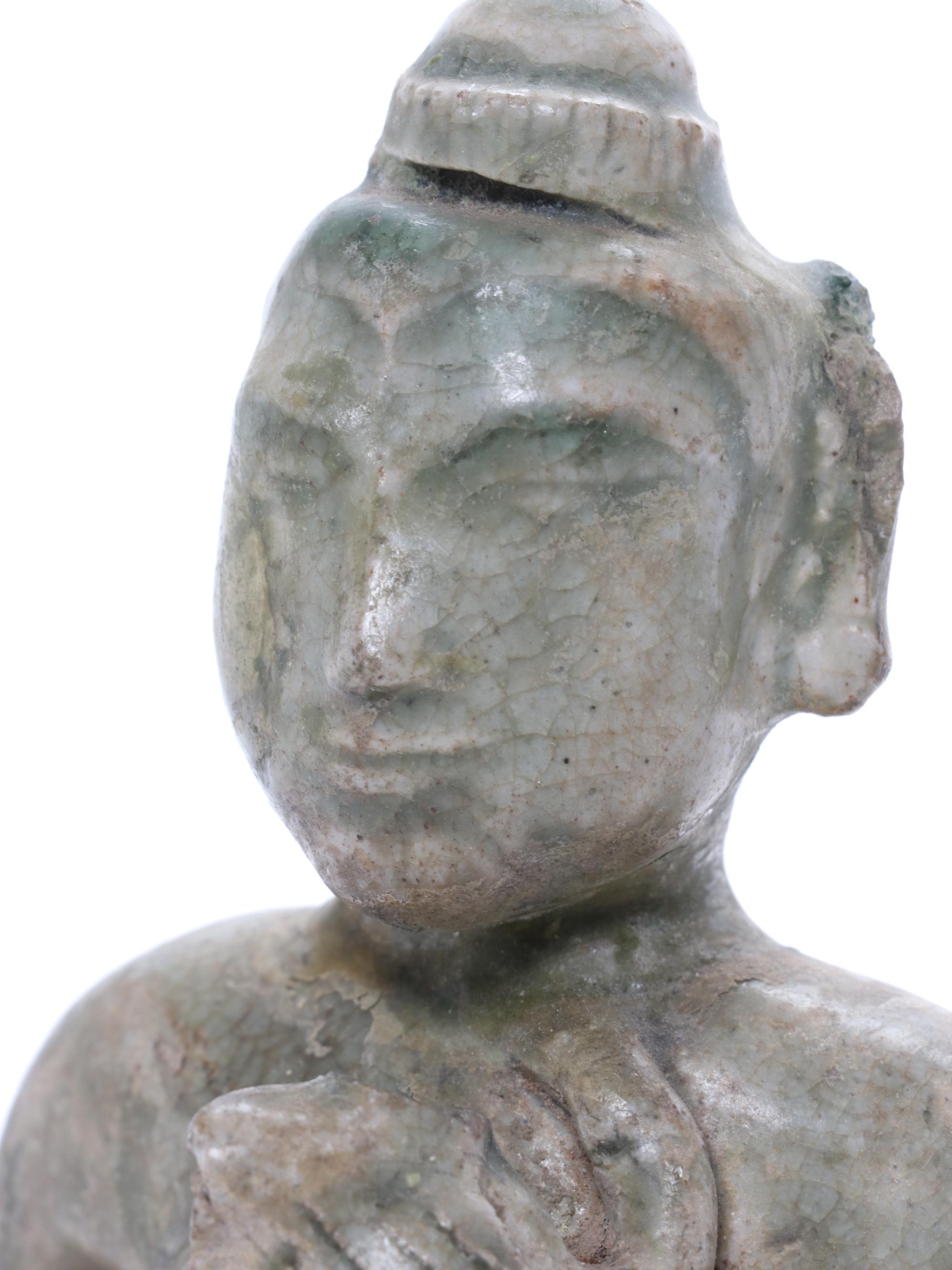 Thai Sawankhalok Ceramic Figure and Burmese Mandalay Style Marble Buddha Head