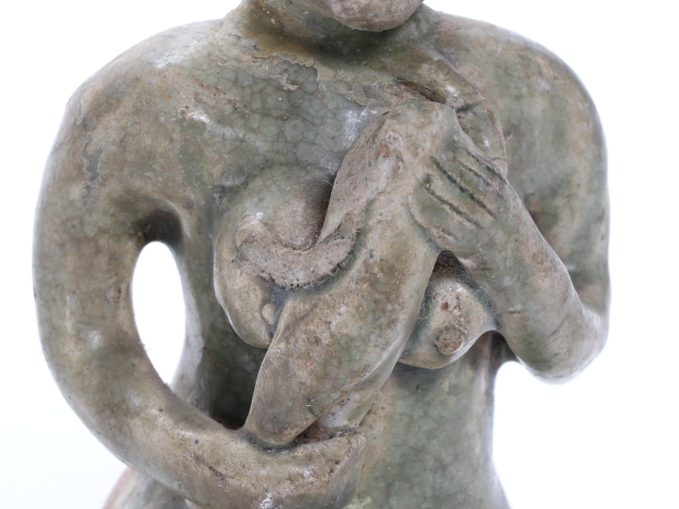 Thai Sawankhalok Ceramic Figure and Burmese Mandalay Style Marble Buddha Head