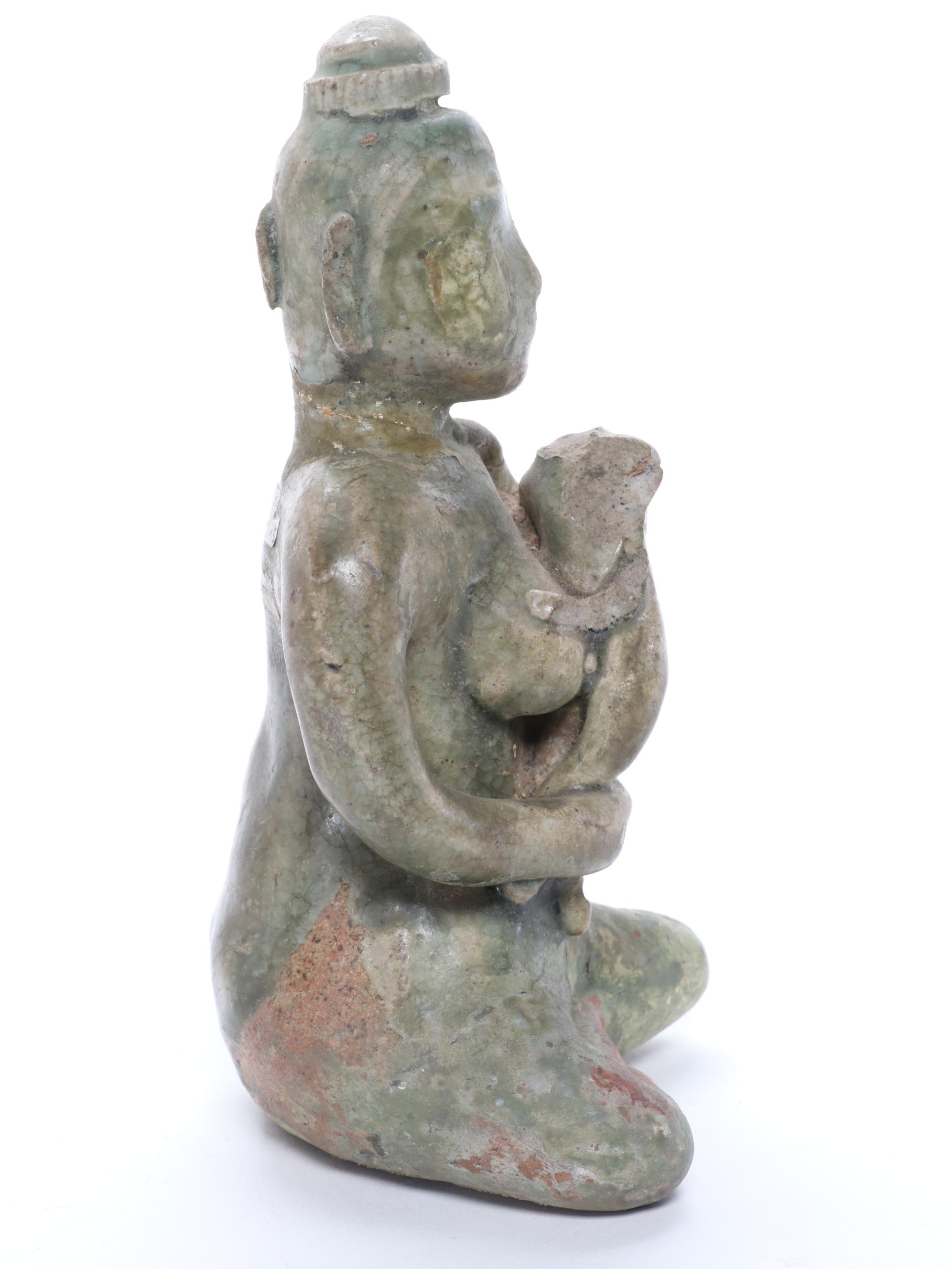 Thai Sawankhalok Ceramic Figure and Burmese Mandalay Style Marble Buddha Head