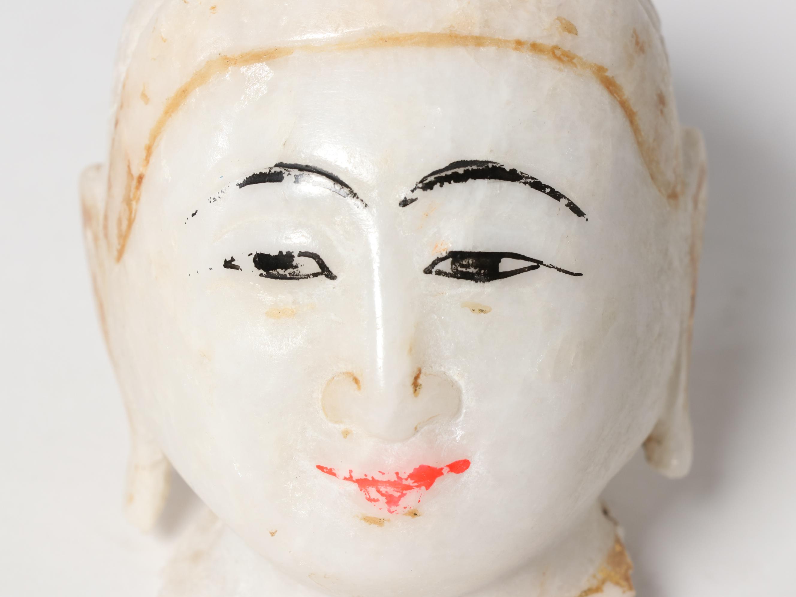 Thai Sawankhalok Ceramic Figure and Burmese Mandalay Style Marble Buddha Head