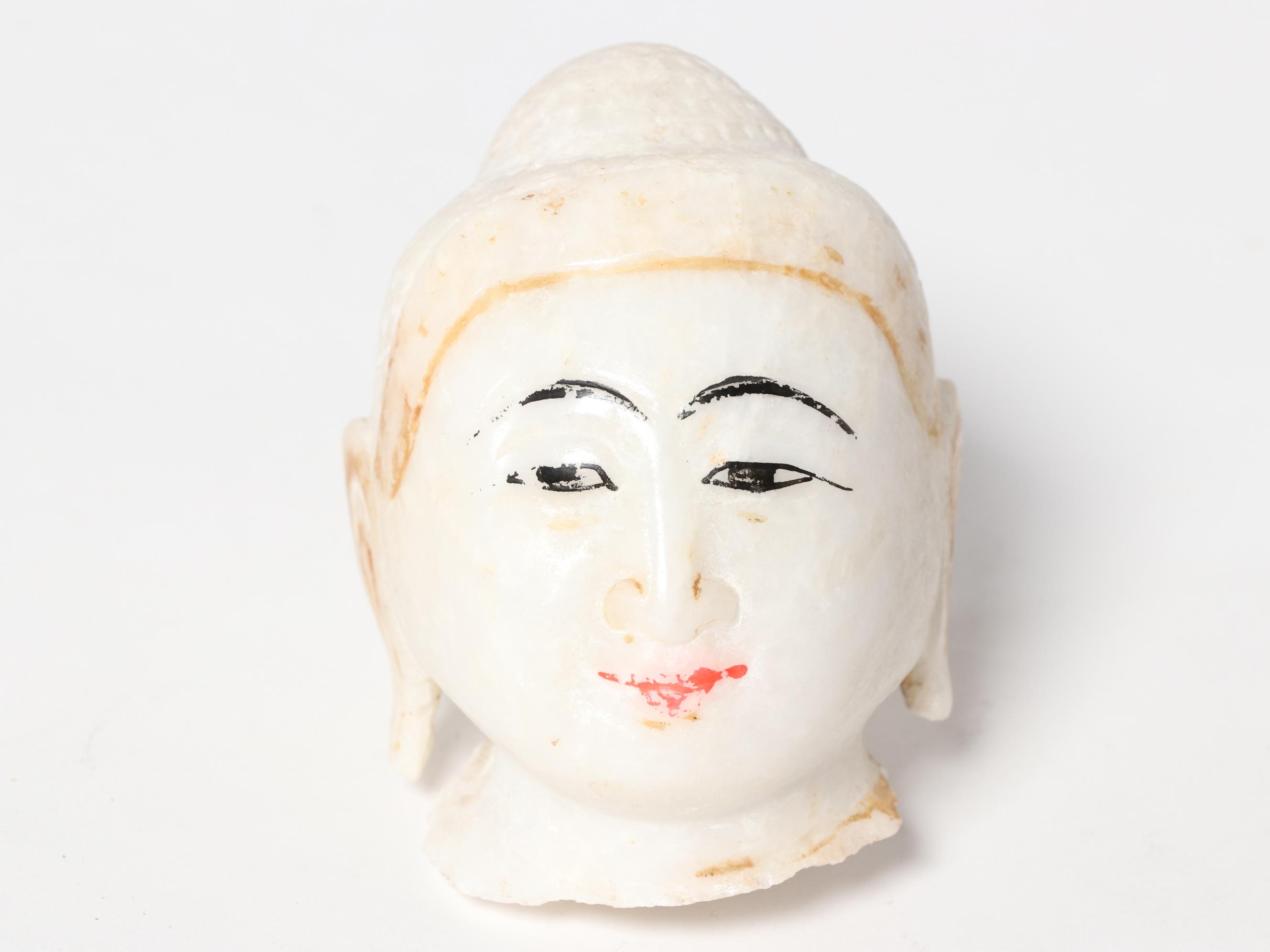 Thai Sawankhalok Ceramic Figure and Burmese Mandalay Style Marble Buddha Head