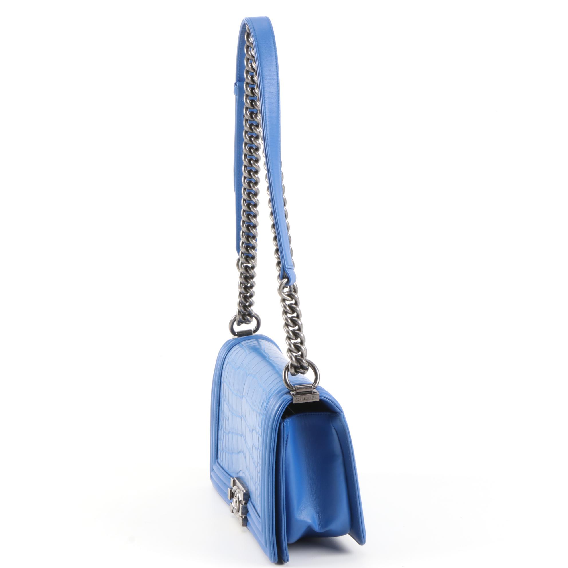 Chanel Matte Blue Alligator and Calfskin Leather Two-Way Boy Bag