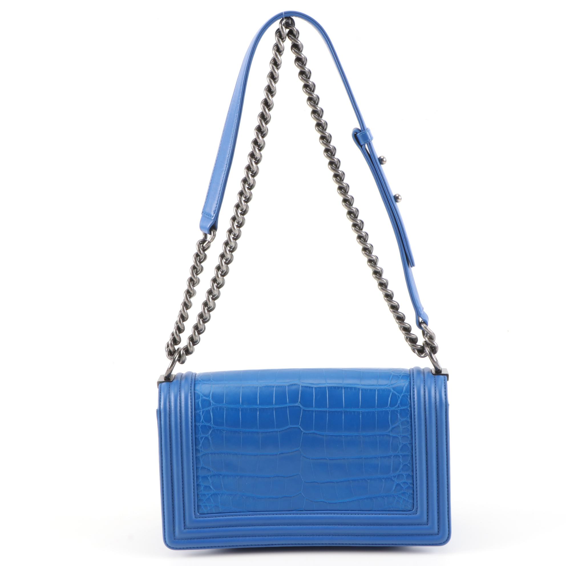 Chanel Matte Blue Alligator and Calfskin Leather Two-Way Boy Bag