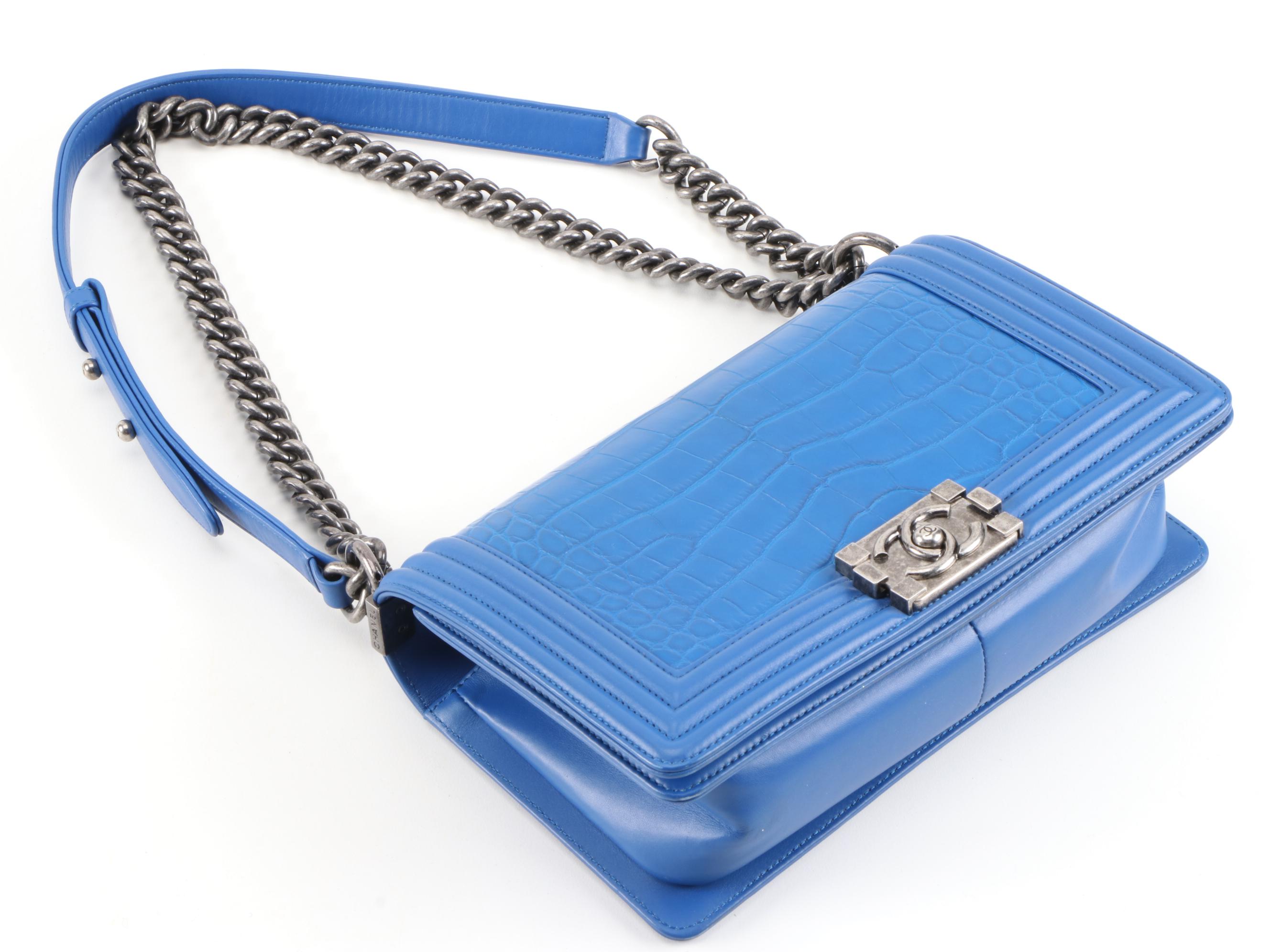 Chanel Matte Blue Alligator and Calfskin Leather Two-Way Boy Bag