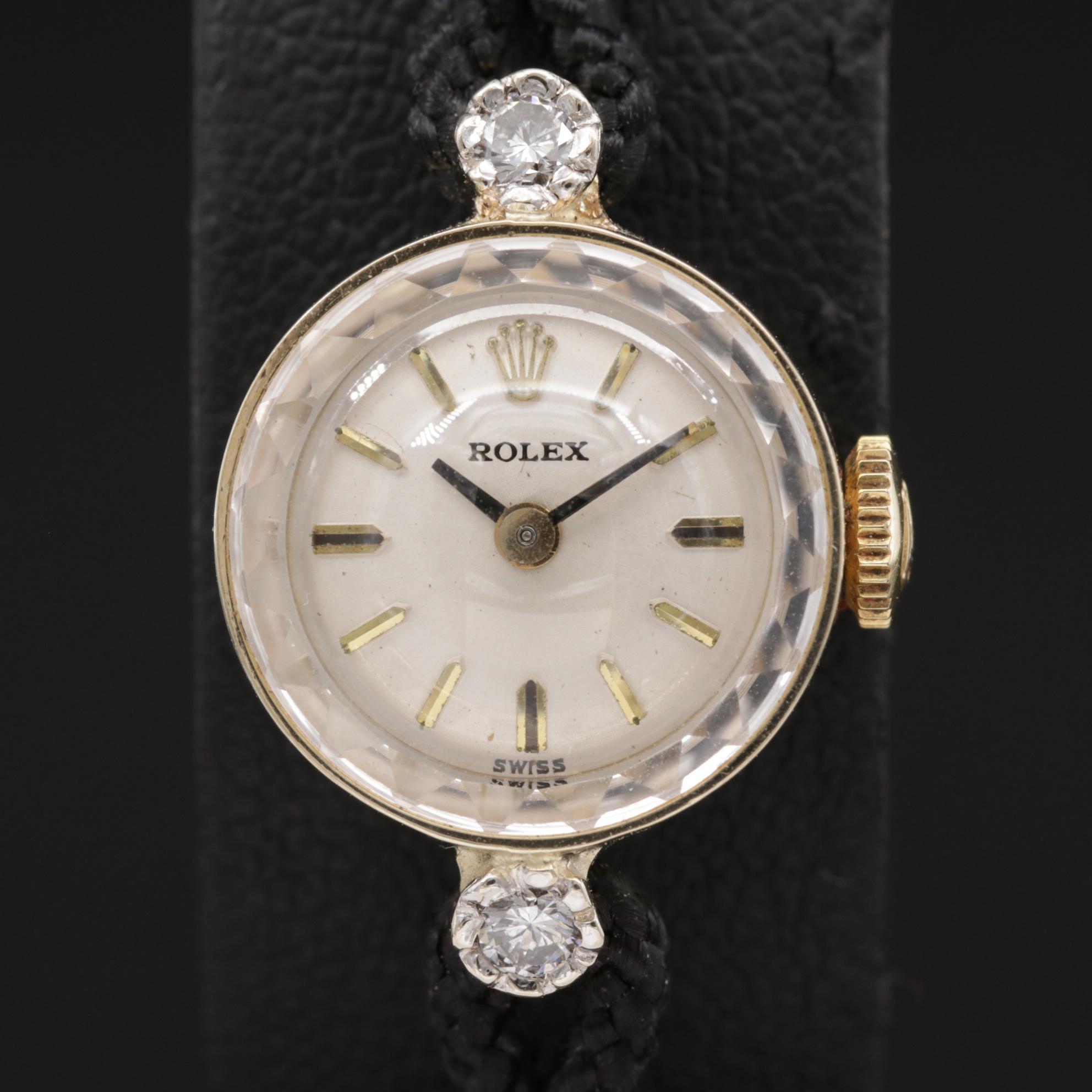 Rolex 14K Gold and Diamond Stem Wind Watch, Vintage