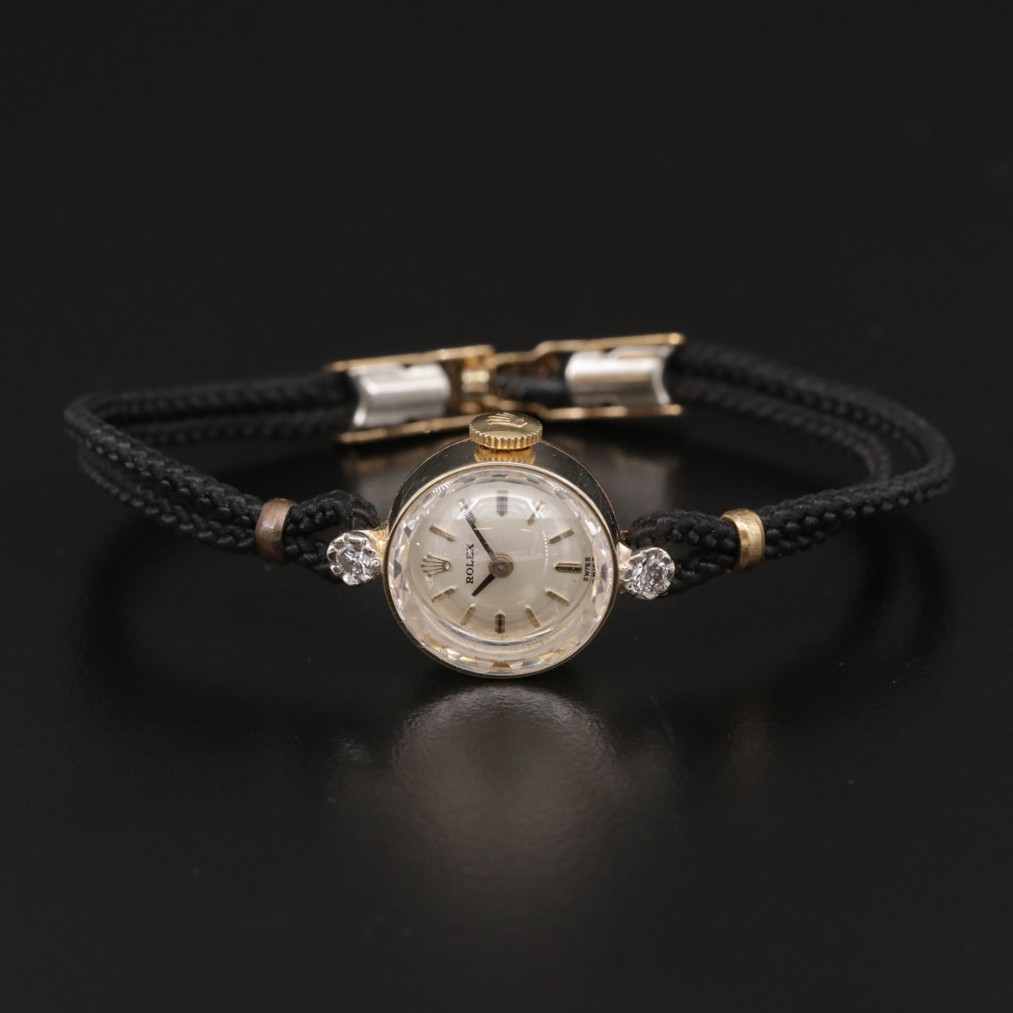 Rolex 14K Gold and Diamond Stem Wind Watch, Vintage