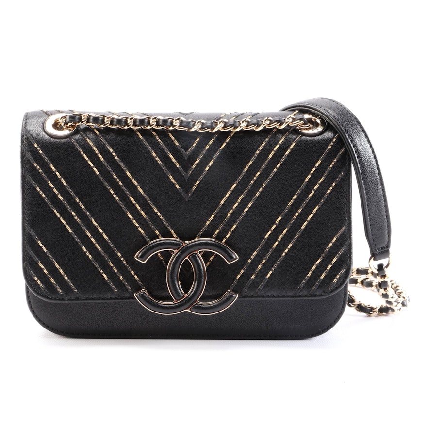 Chanel Mini Chevron Chain Quilted Black Calfskin Leather Shoulder Bag