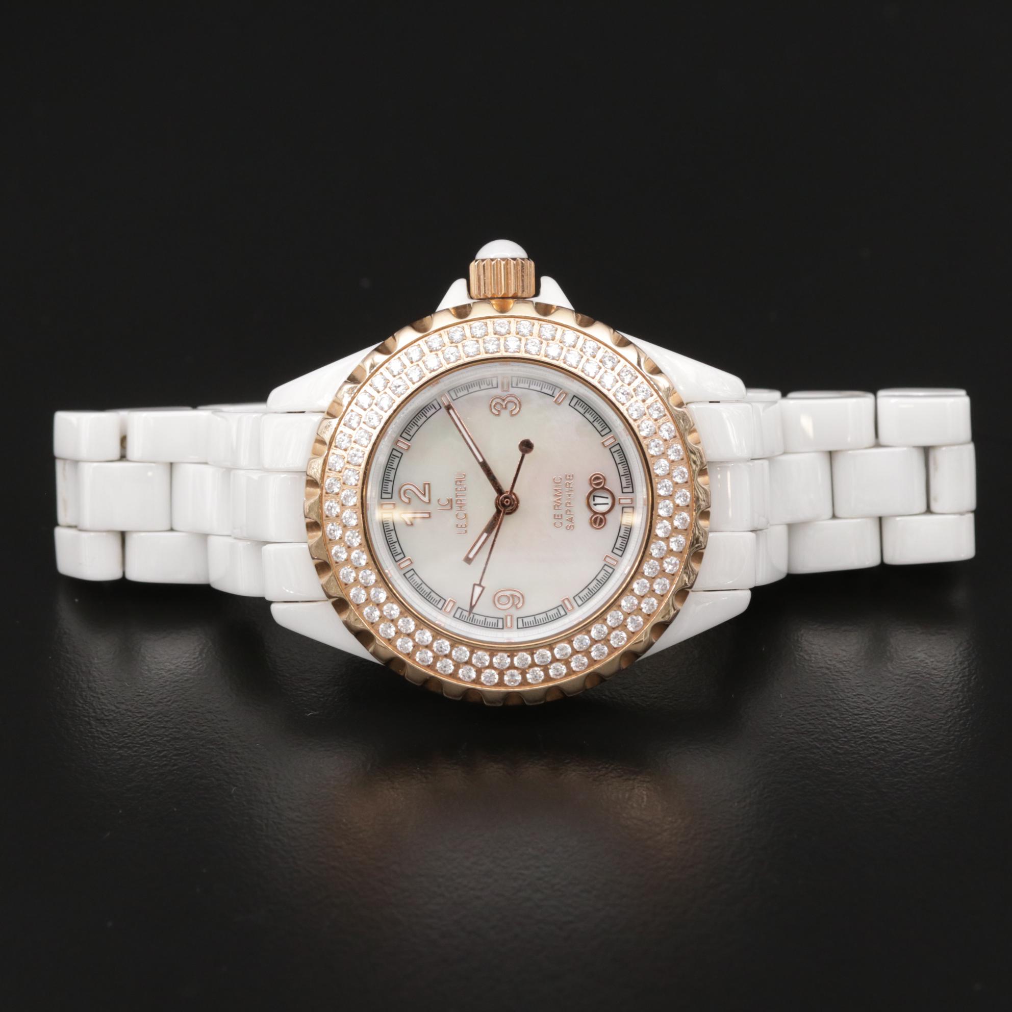 LeChateau Ceramic and Stainless Steel Watch With Mother of Pearl Dial