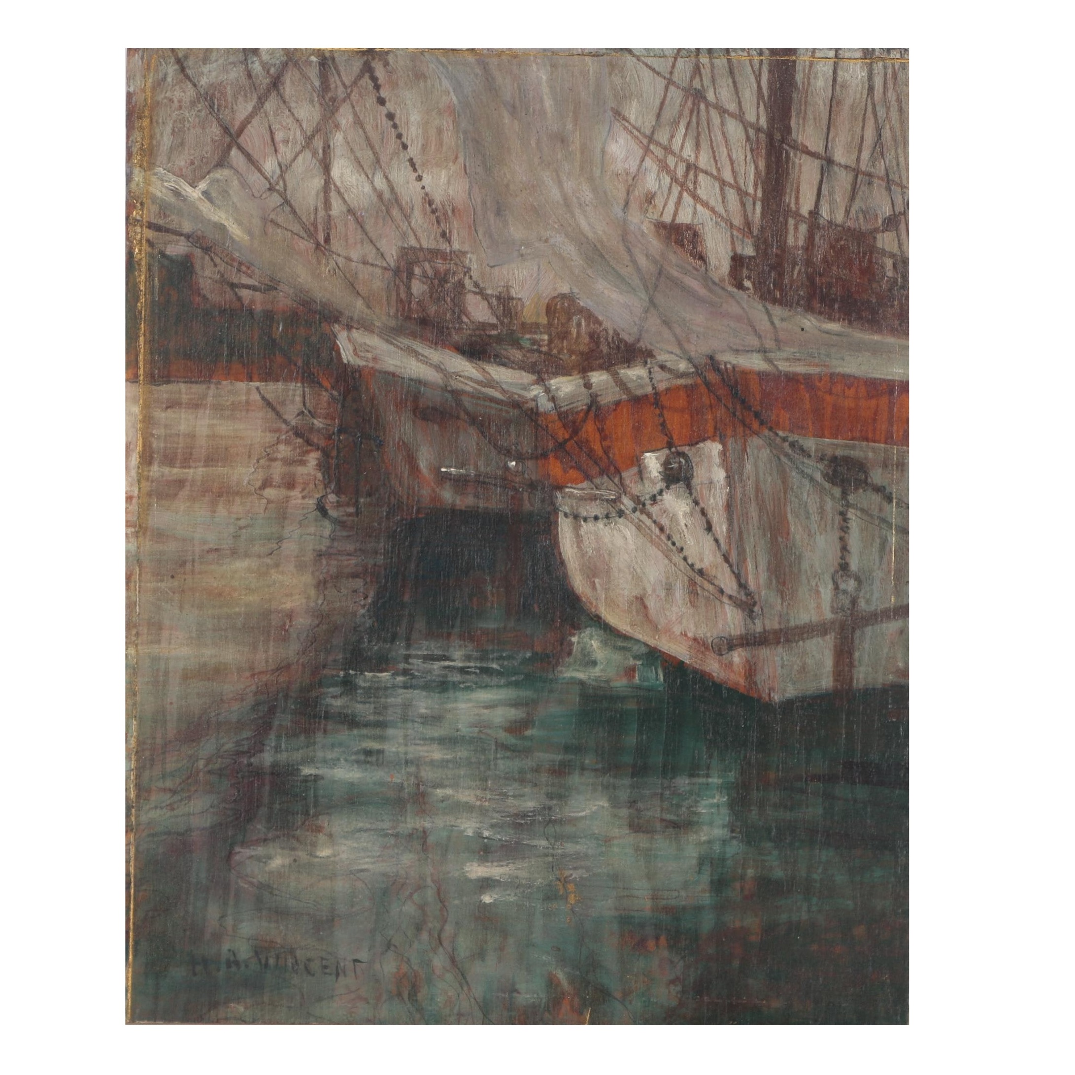 Harry Aiken Vincent Oil Painting of Harbor Scene, Early 20th Century