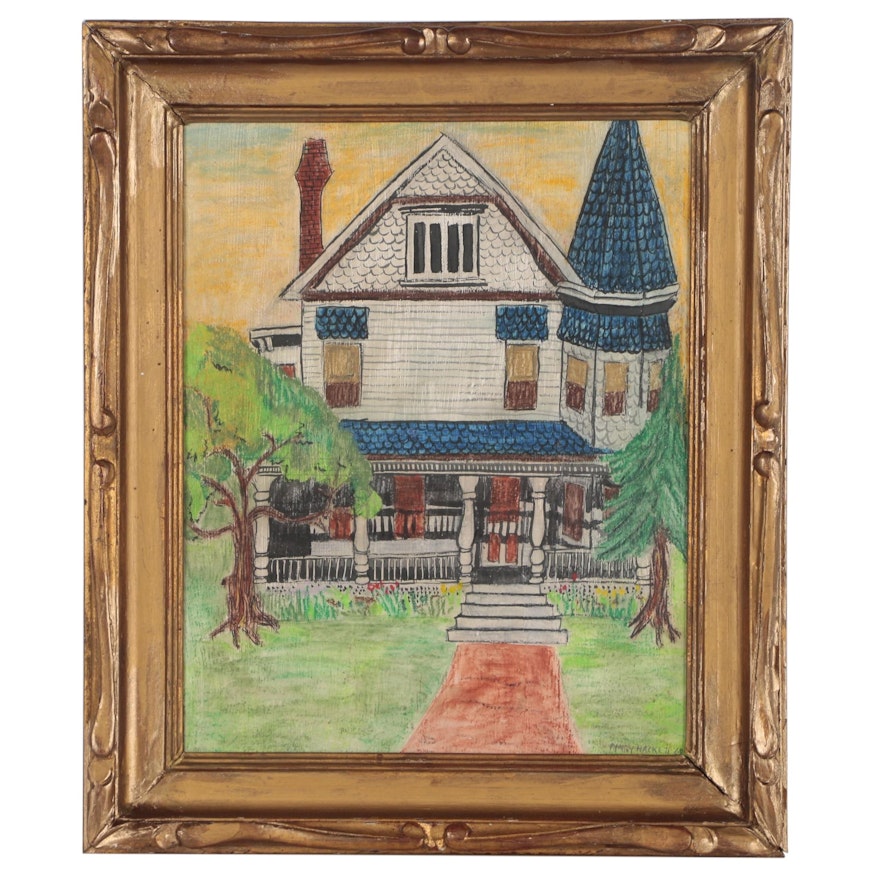 Mary Hackett Naive Landscape with Victorian House Oil Painting, 1968