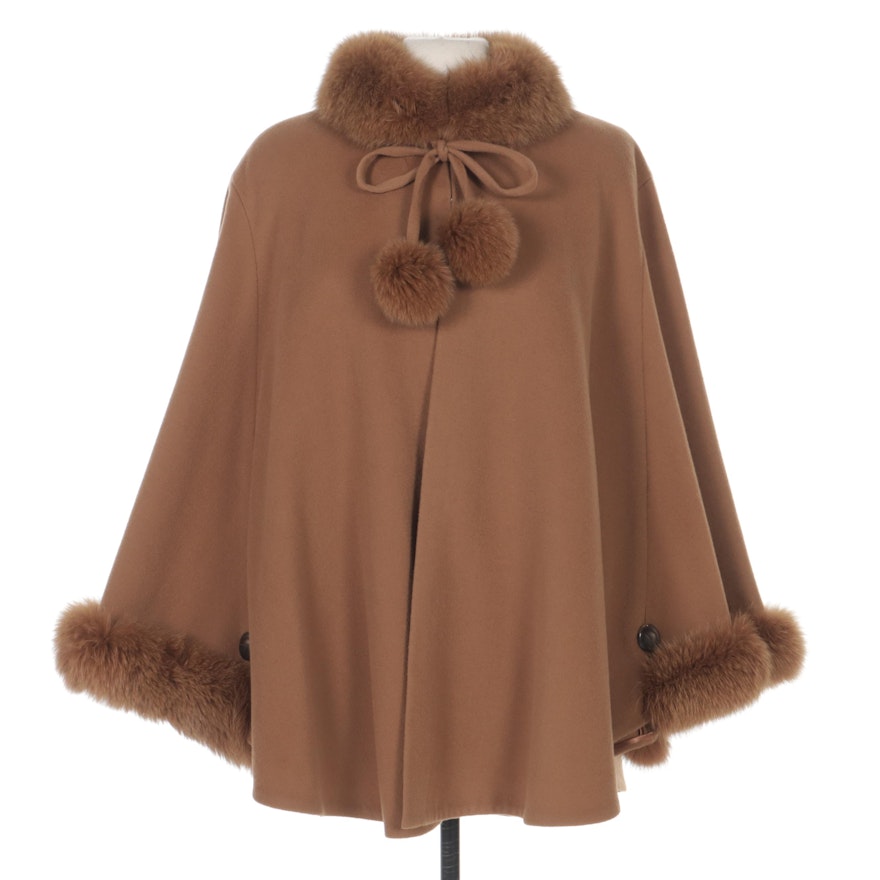 Cashmere and Wool Blend Cape with Rabbit Fur Trim and Pom-Poms