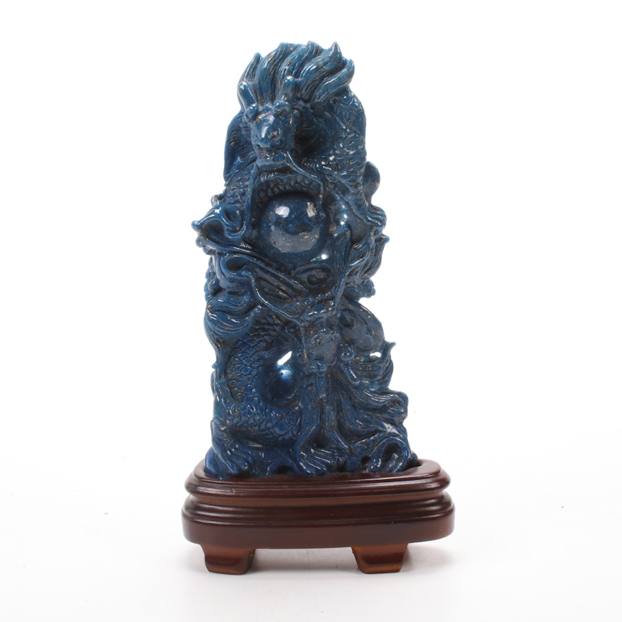 Chinese Blue Dyed Stone Carving with Dragon Motif and Stand
