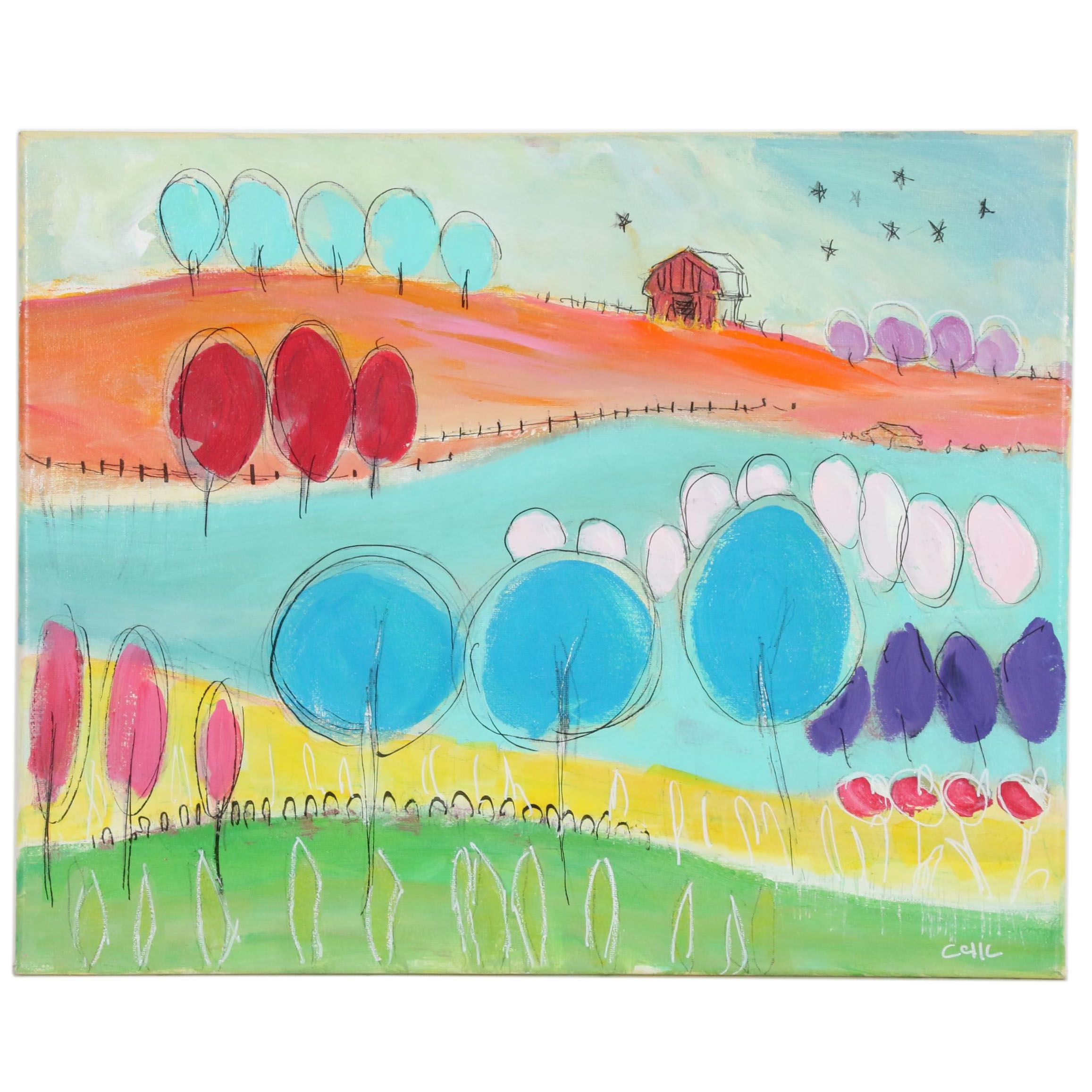 Acrylic Painting of Abstract Landscape "Over the Moon"