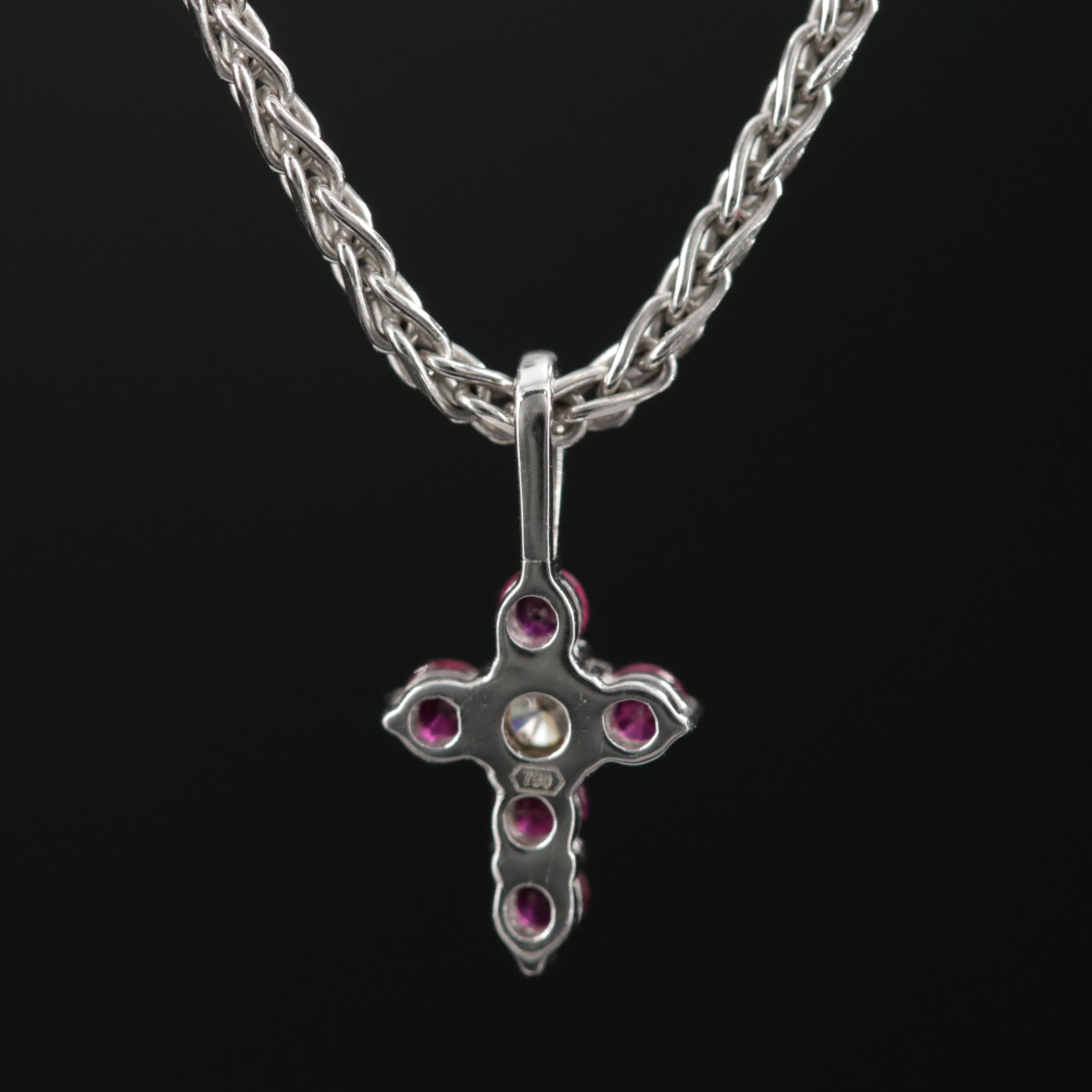 18K White Gold Diamond and Ruby Cross Pendant on 14K Braided Chain