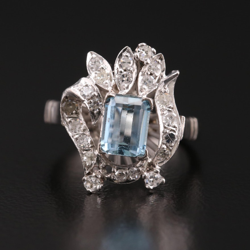 14K Gold Aquamarine and Diamond Ring