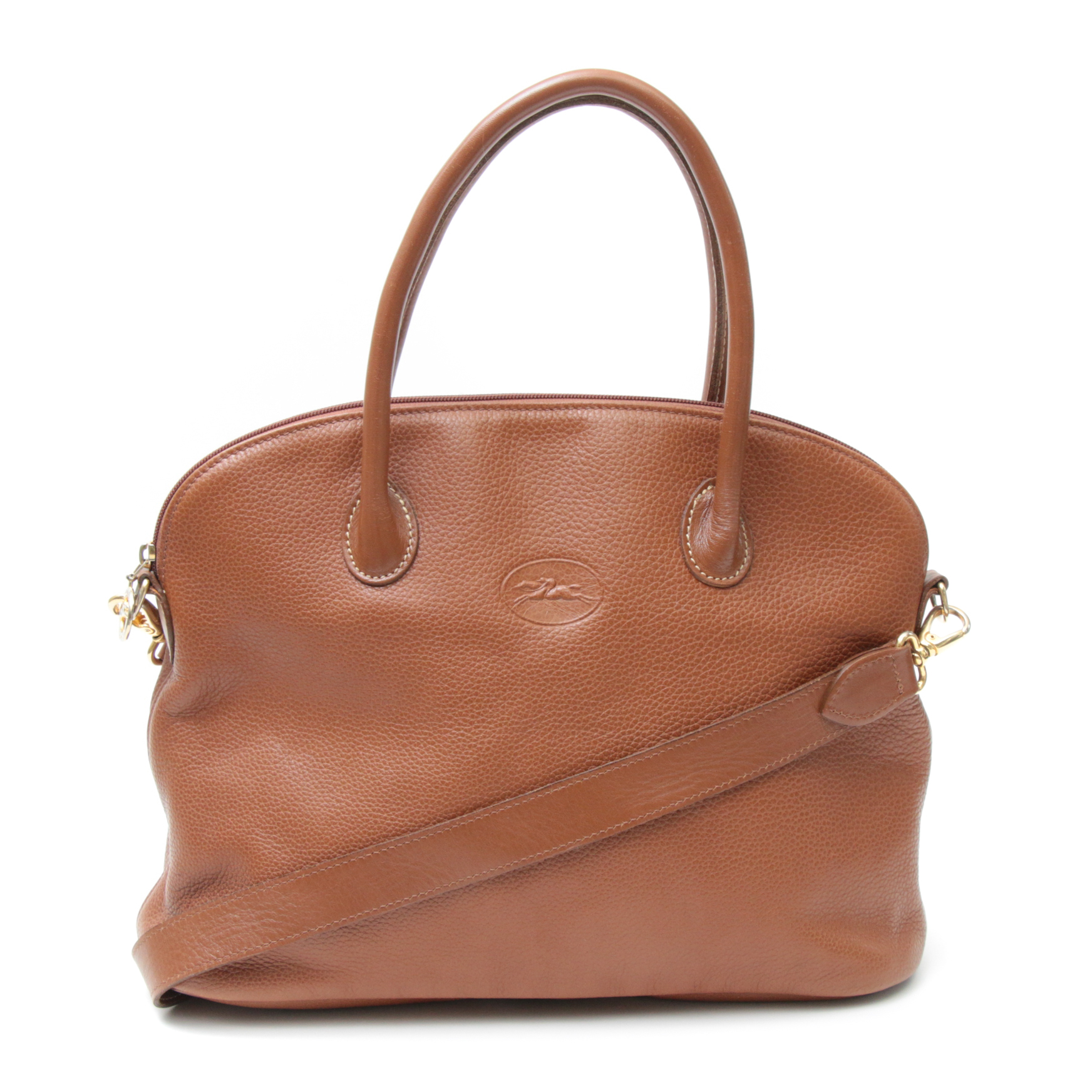 Longchamp Au Sultan Domed Two-Way Bag in Cognac Pebbled Leather