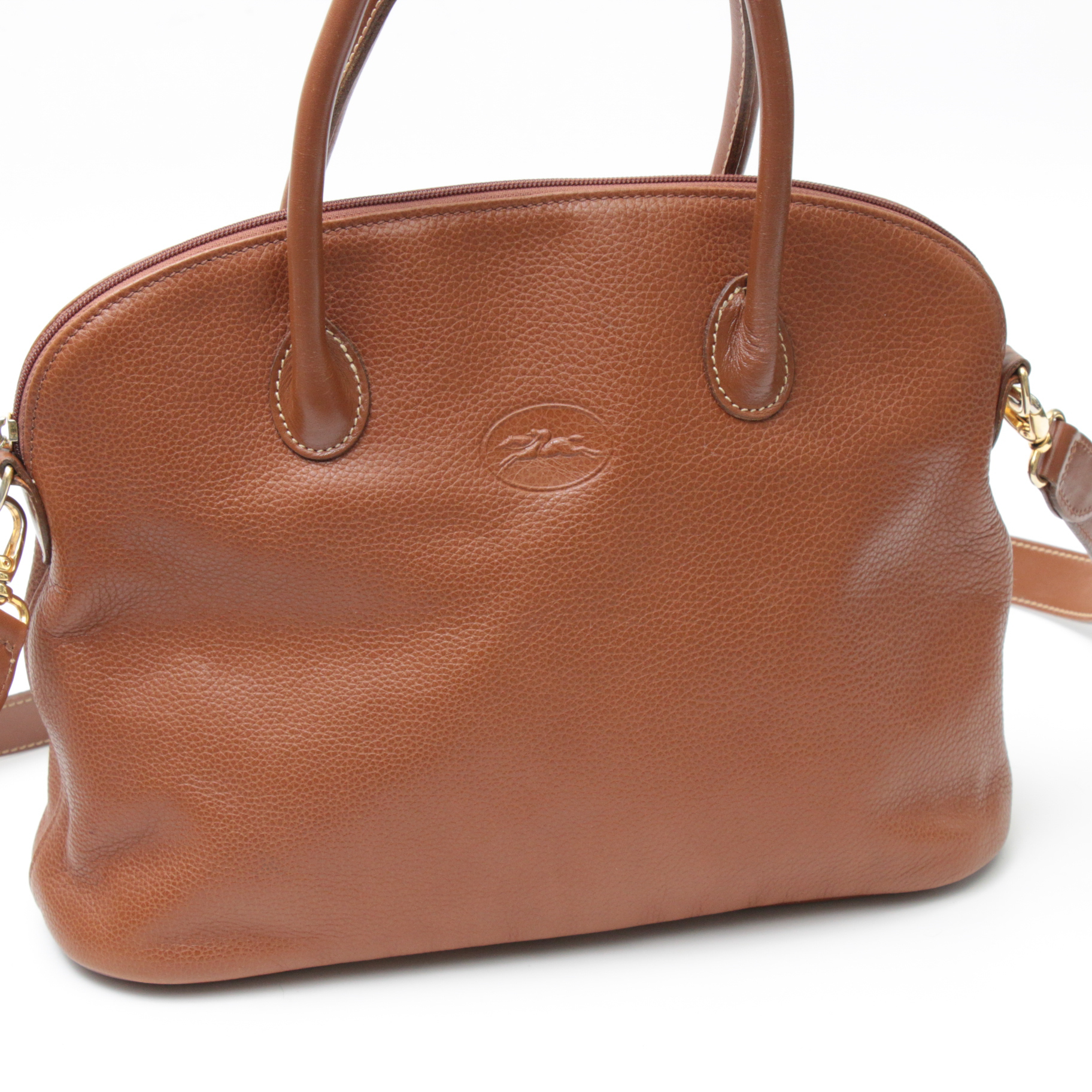 Longchamp Au Sultan Domed Two-Way Bag in Cognac Pebbled Leather