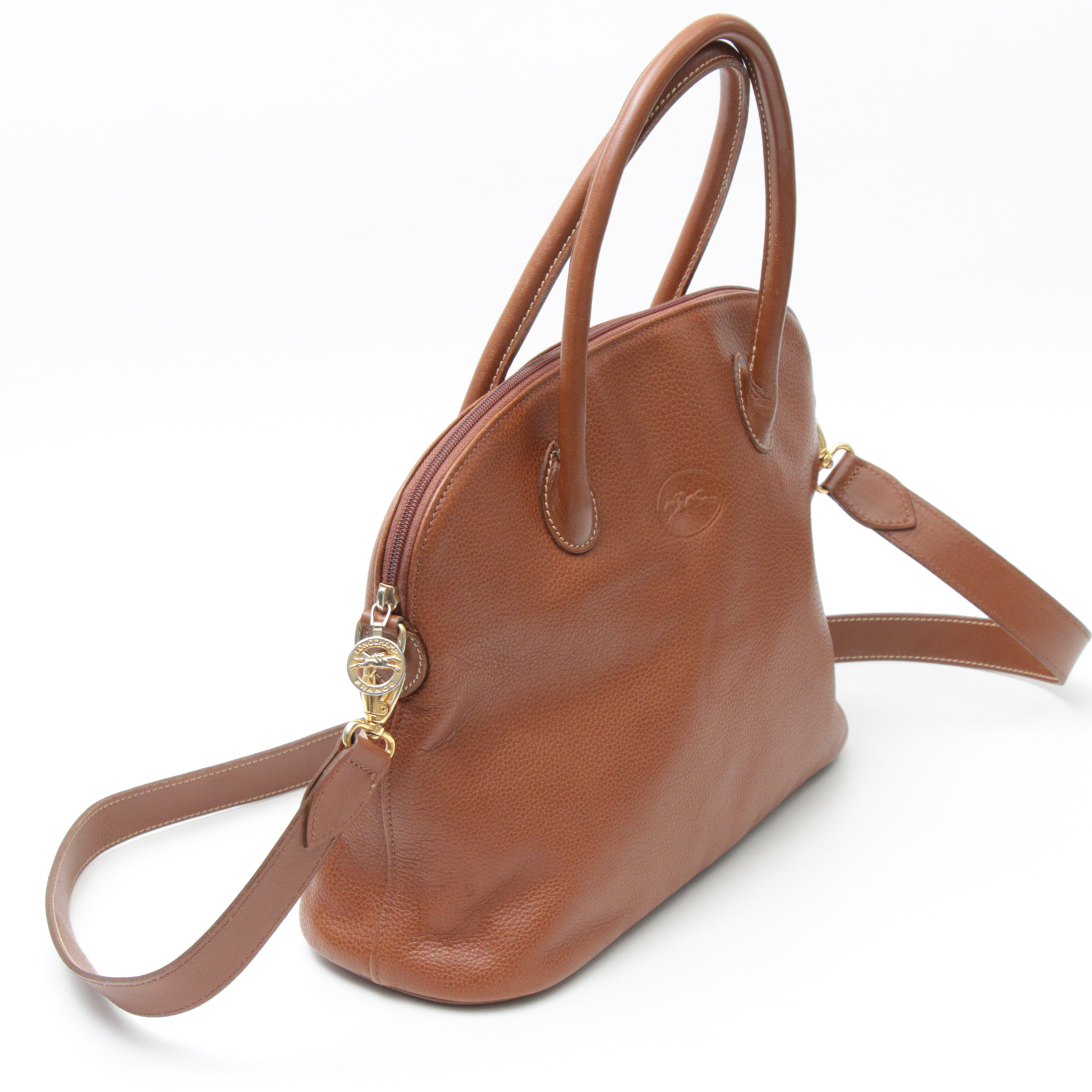 Longchamp Au Sultan Domed Two-Way Bag in Cognac Pebbled Leather
