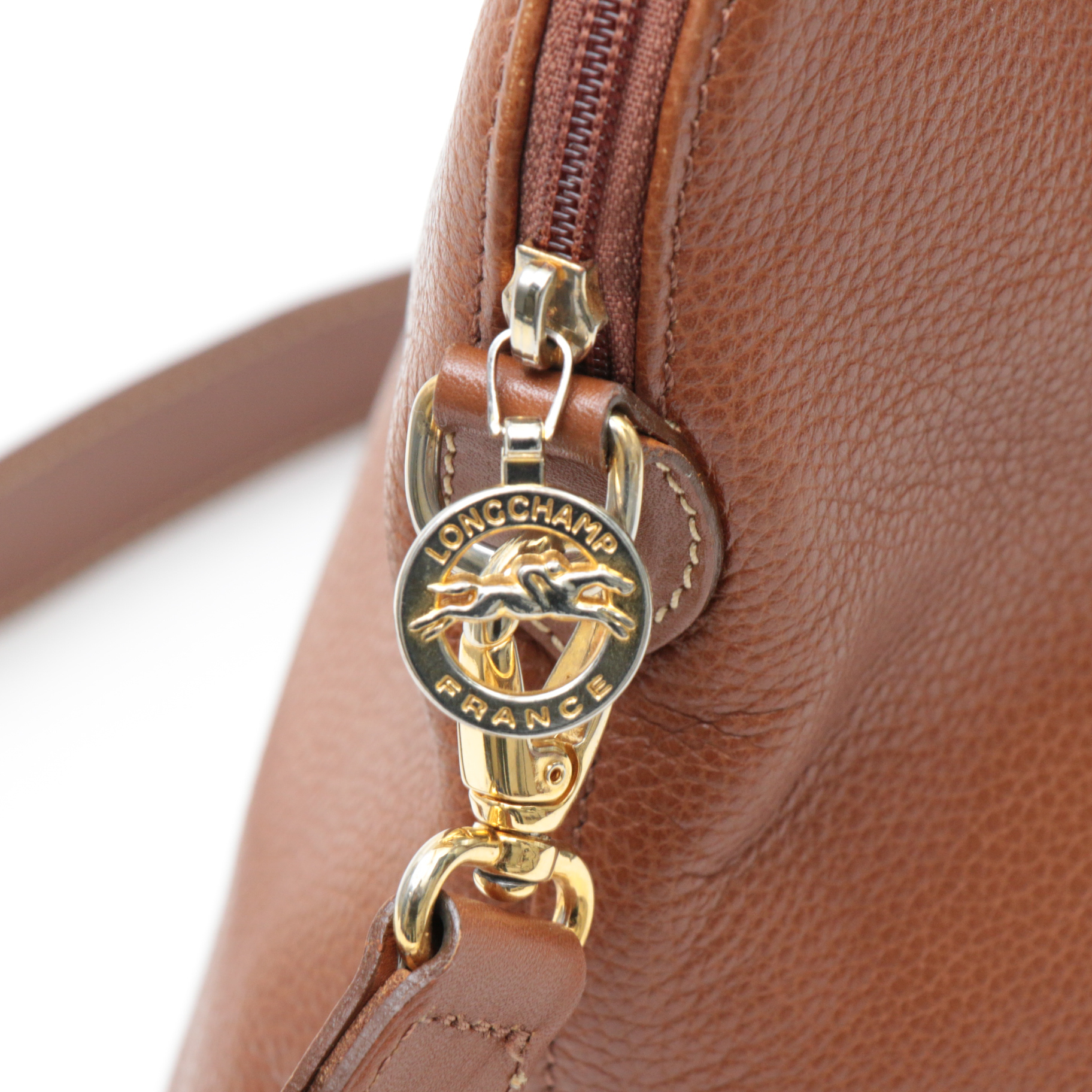 Longchamp Au Sultan Domed Two-Way Bag in Cognac Pebbled Leather