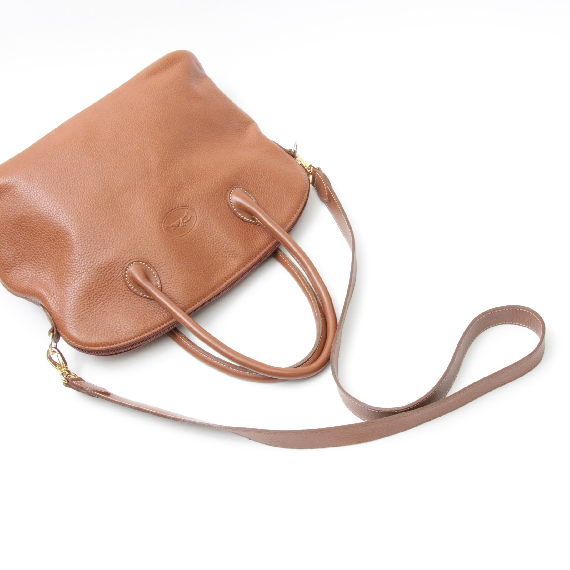 Longchamp Au Sultan Domed Two-Way Bag in Cognac Pebbled Leather
