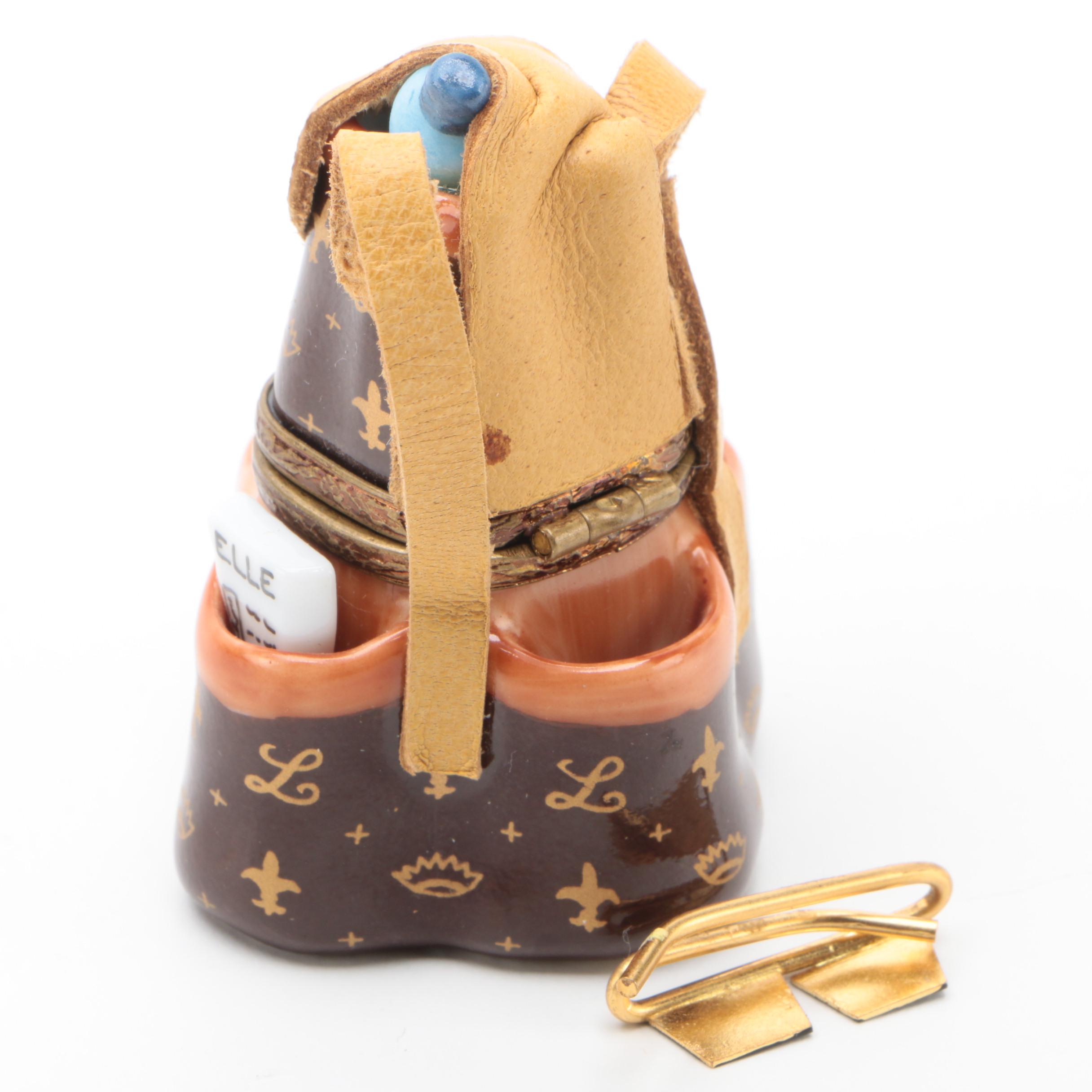 Artist Signed Hand-Painted "Louis Vuitton" Style Limoges Box with Leather Straps