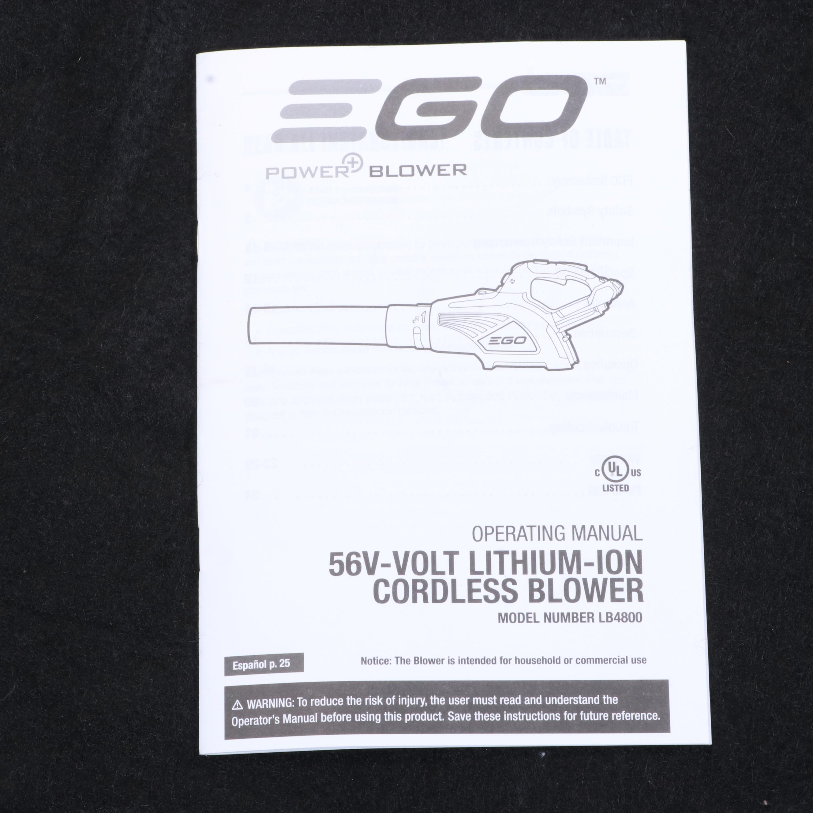 Ego Power Cordless Blower with 56V Lithium-Ion Battery Charger, Model LB4800