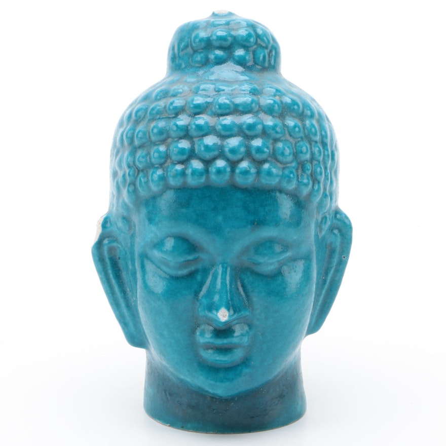 Southeast Asian Blue Glazed Ceramic Head of the Buddha