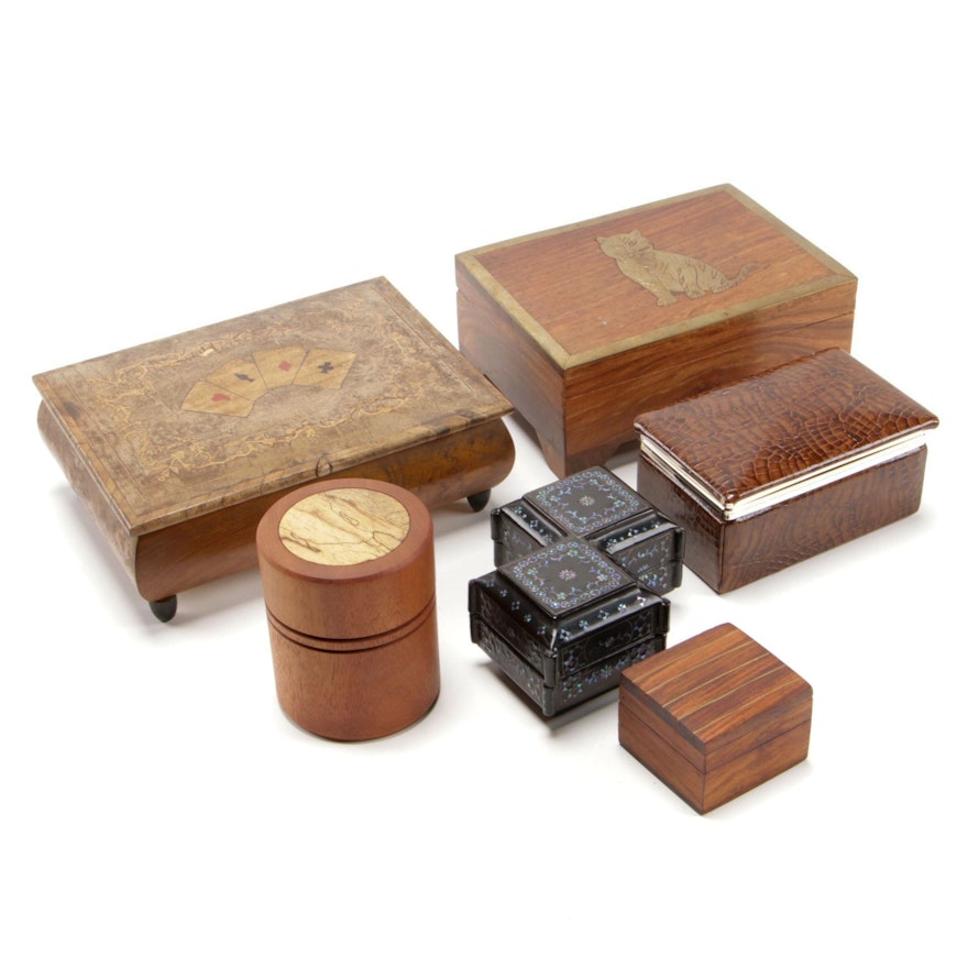 Geoff Cook Turned Rosewood and Fig Canister with Other Decorative Boxes