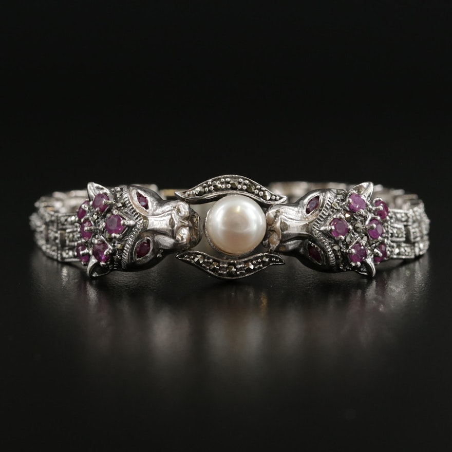 Sterling Silver Pearl, Ruby and Marcasite Leopard Bracelet