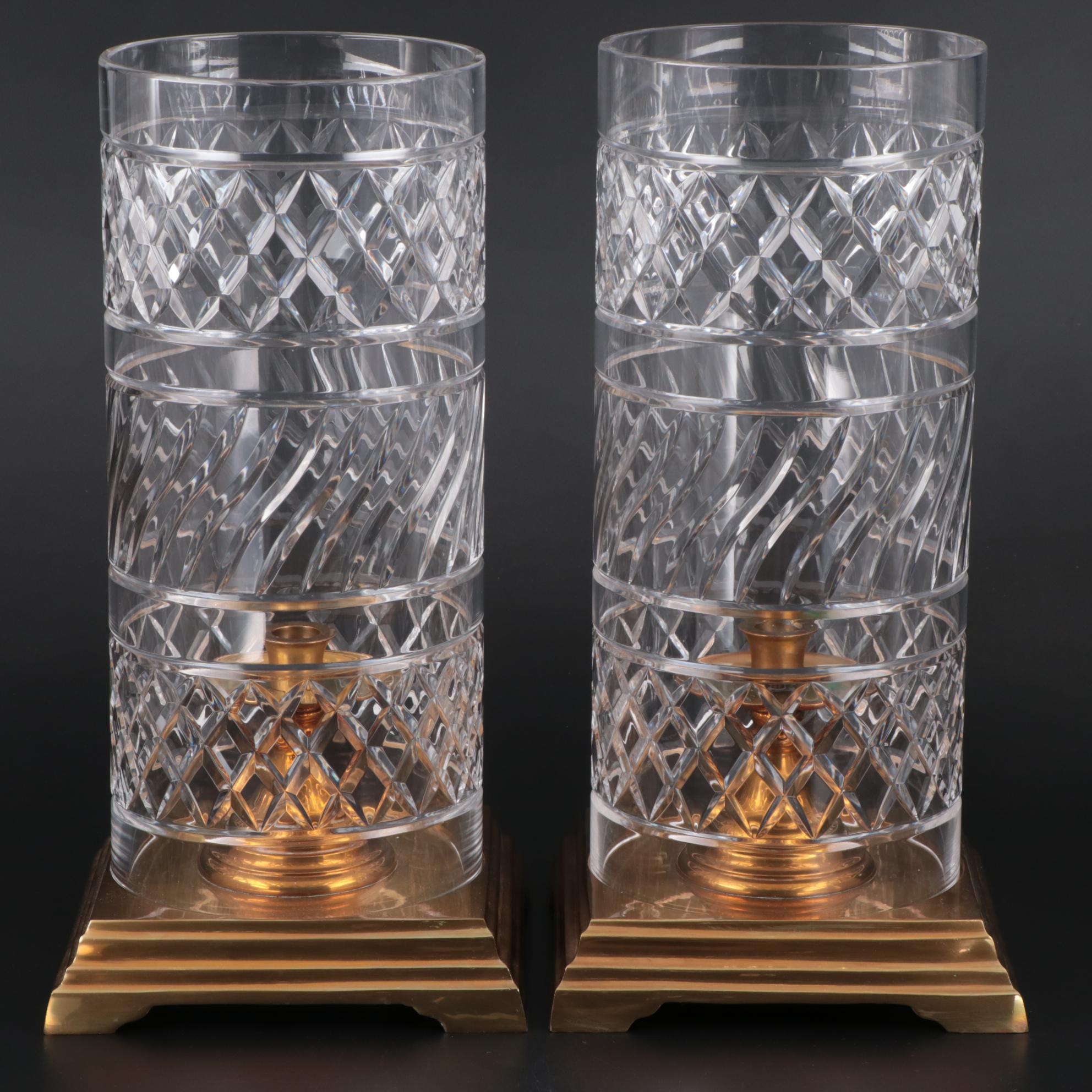 American Brass Candle Holders with Cut Glass Hurricanes