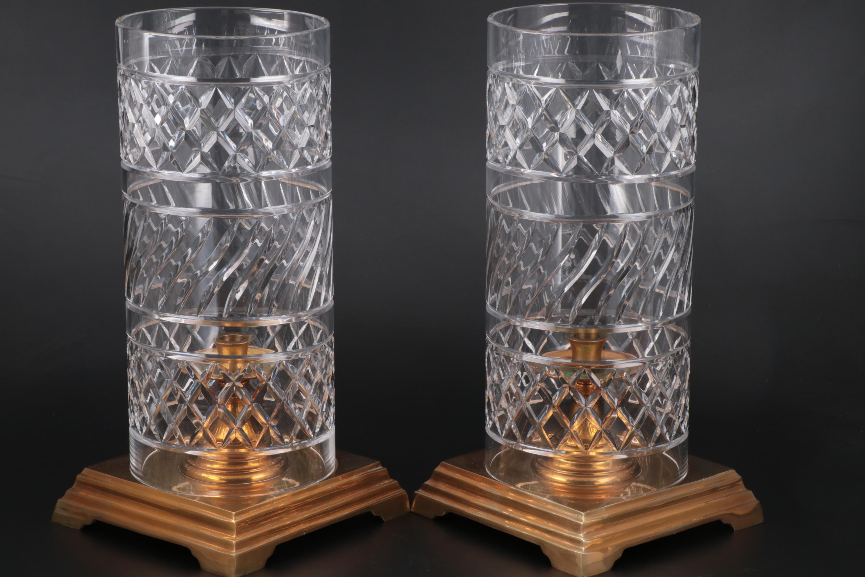 American Brass Candle Holders with Cut Glass Hurricanes