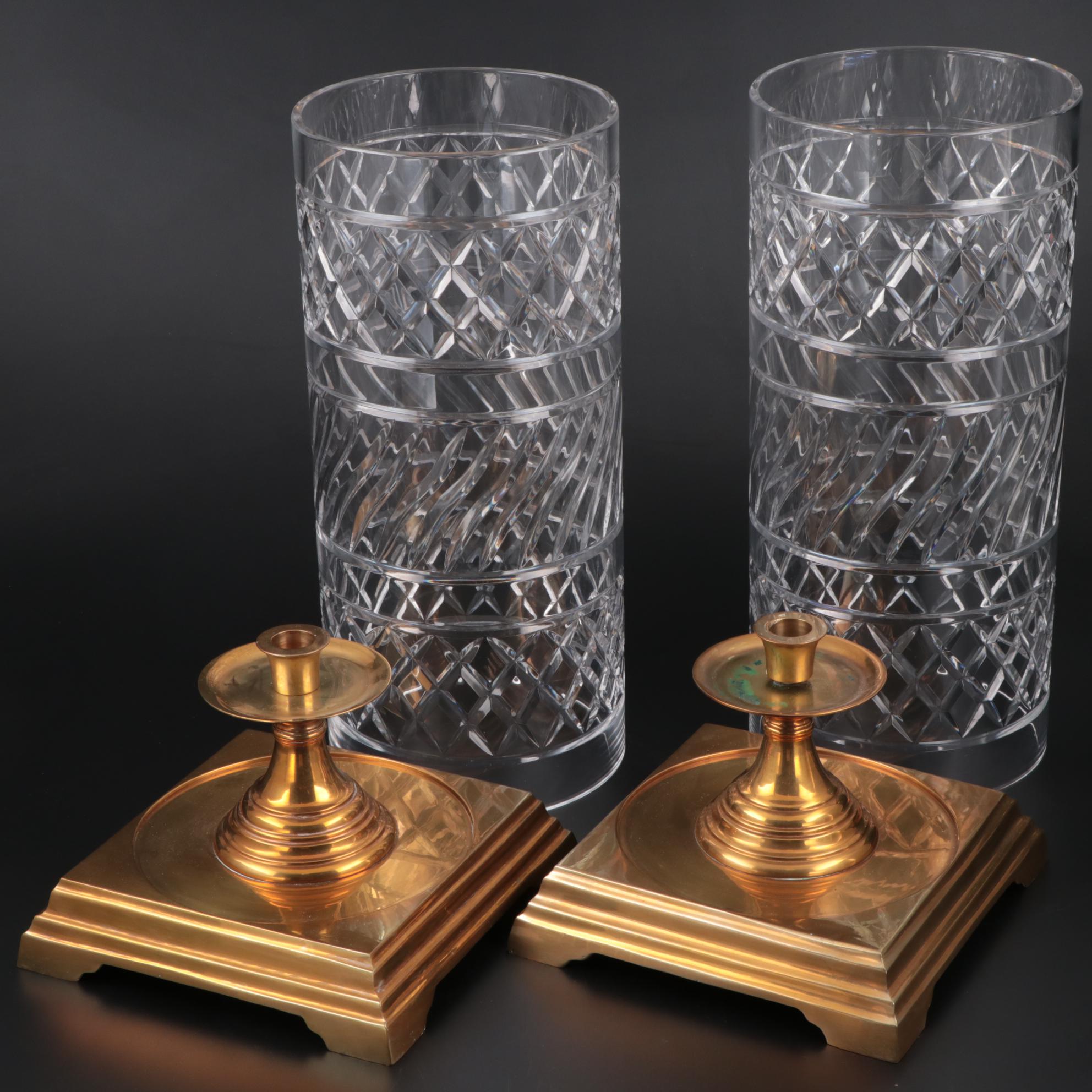 American Brass Candle Holders with Cut Glass Hurricanes