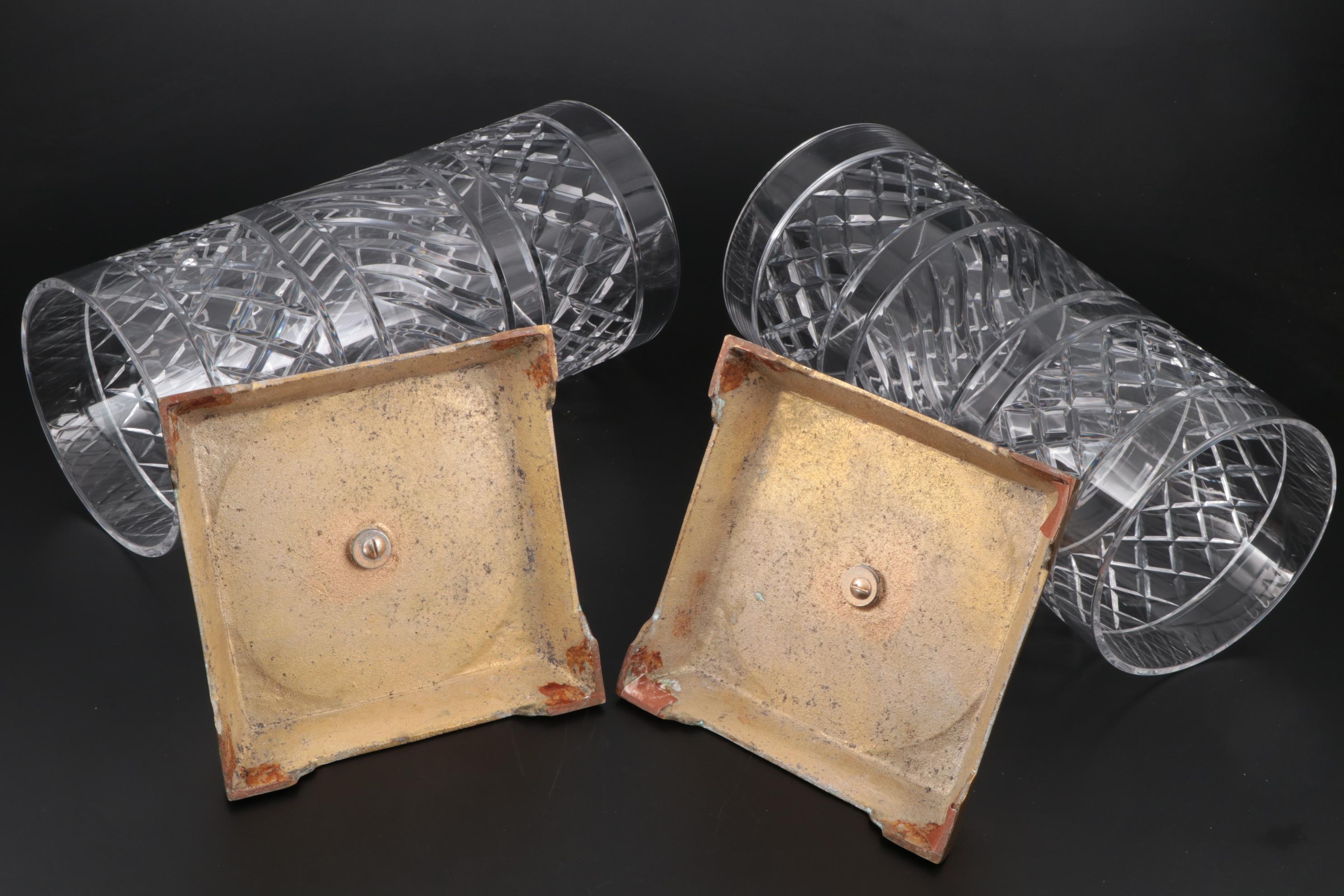 American Brass Candle Holders with Cut Glass Hurricanes