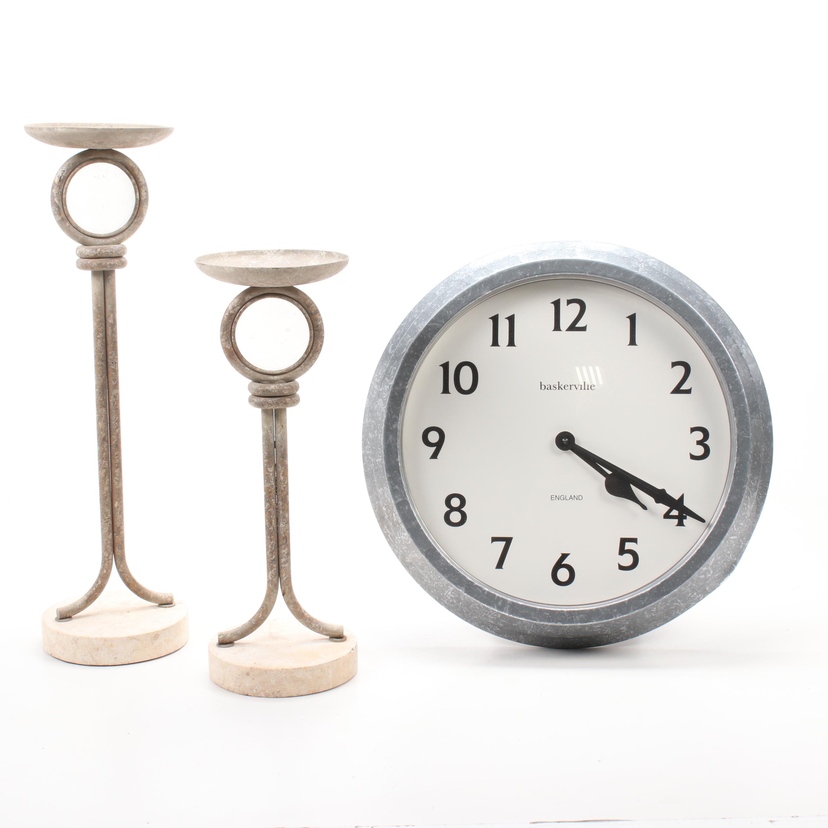 Baskerville Distressed Metal Wall Clock and Mediterranean-Style Candle Holders