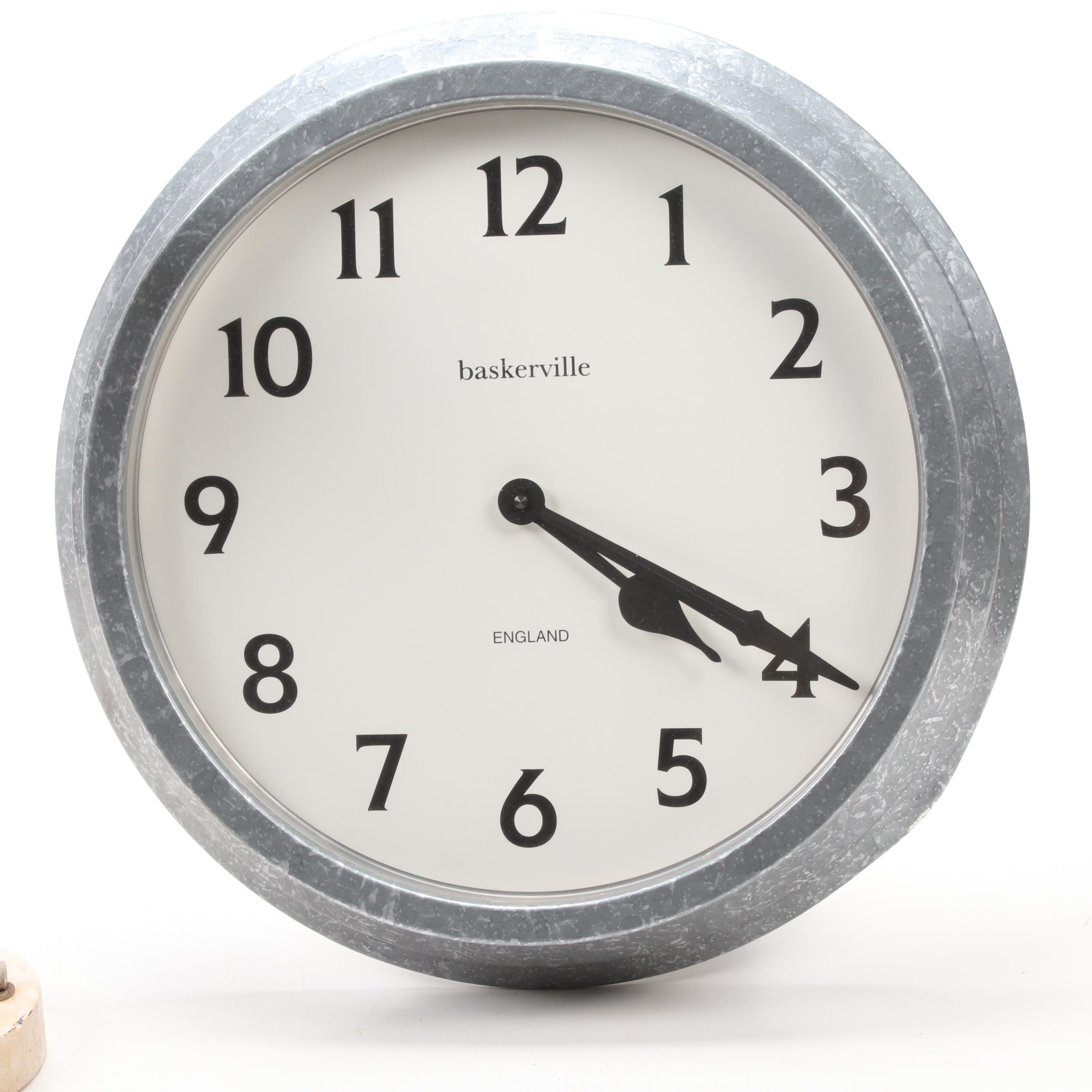 Baskerville Distressed Metal Wall Clock and Mediterranean-Style Candle Holders